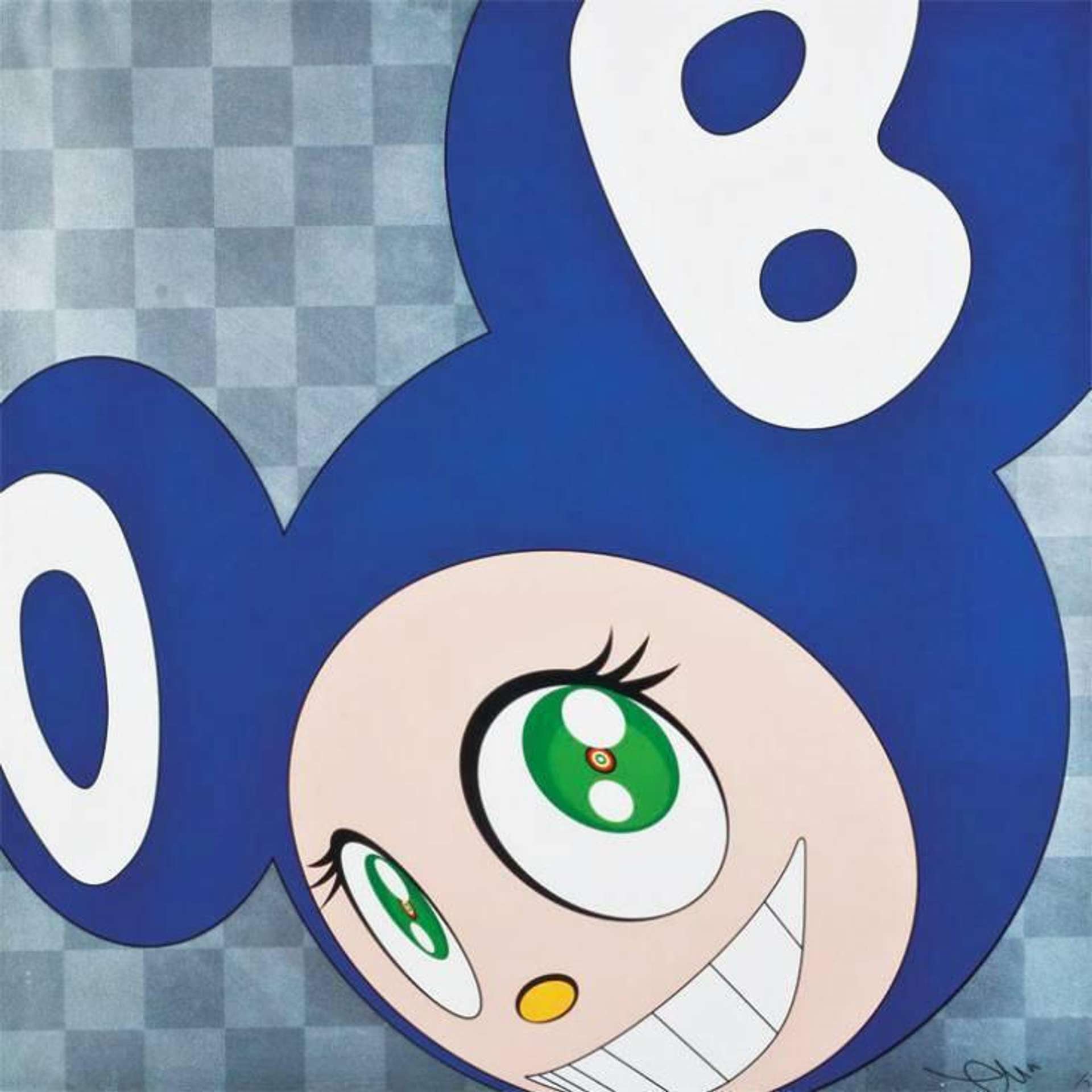 Takashi Murakami’s And Then And Then And Then And Then And Then (blue). A lithograph of an anime-style character with blue facial features against a chequered grey background. 
