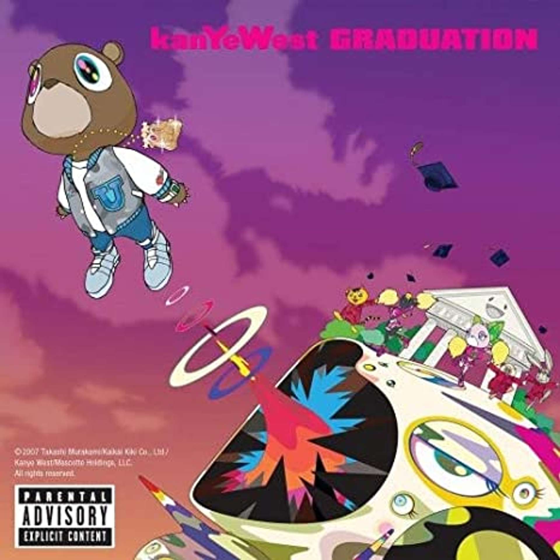 An image of the album cover for Graduation by rapper Kanye West, done by artist Takashi Murakami. It depicts Dropout Bear being propelled into outer space, leaving a graduation scene behind.