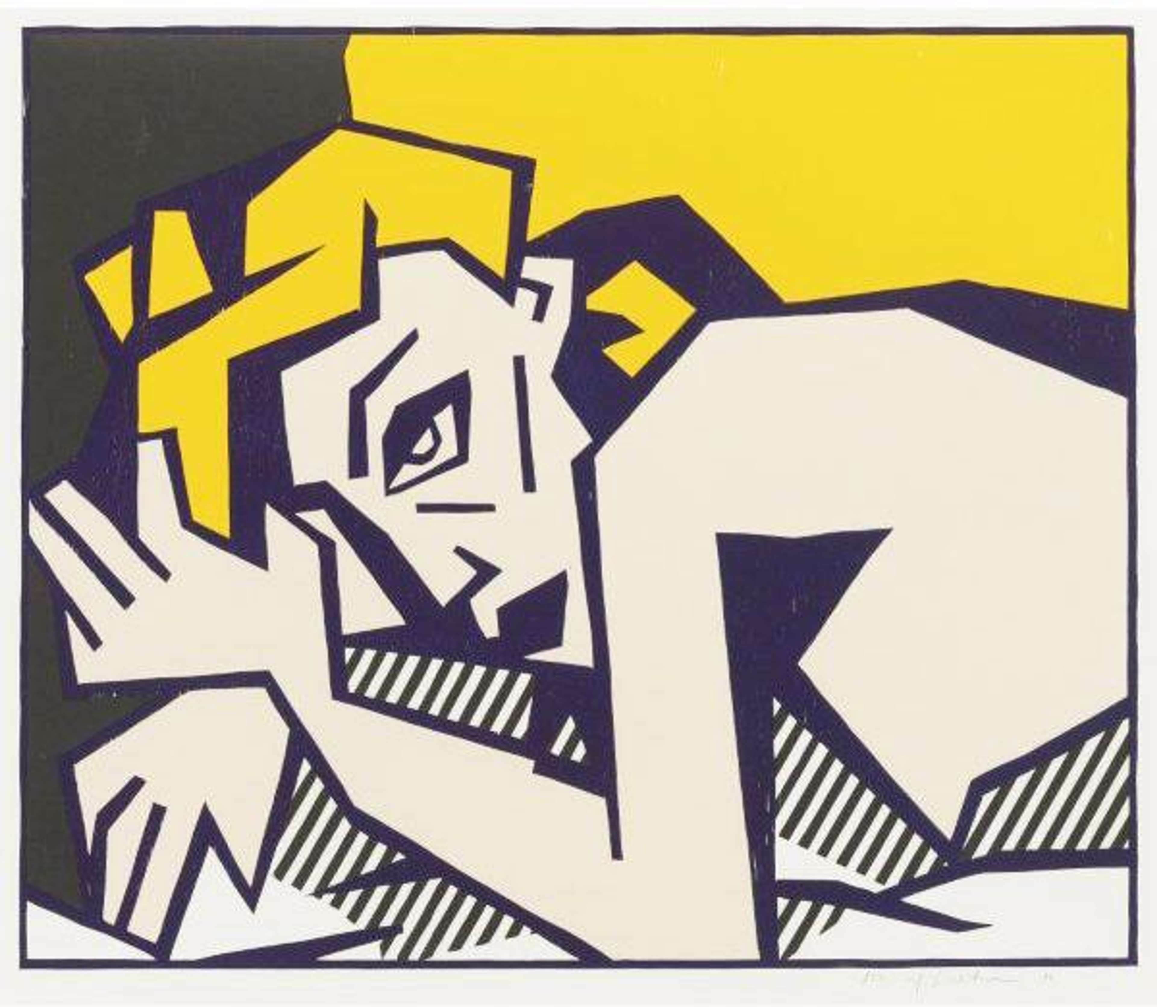 Employing Lichtenstein’s characteristic dark blue stripes and bright yellow blocks of colour, Reclining Nude shows a naked female figure lying down. Lit from above, the figure has blonde hair and dark lips. Her left hand covers the right side of her face, in a gesture of supposed sensuality. 