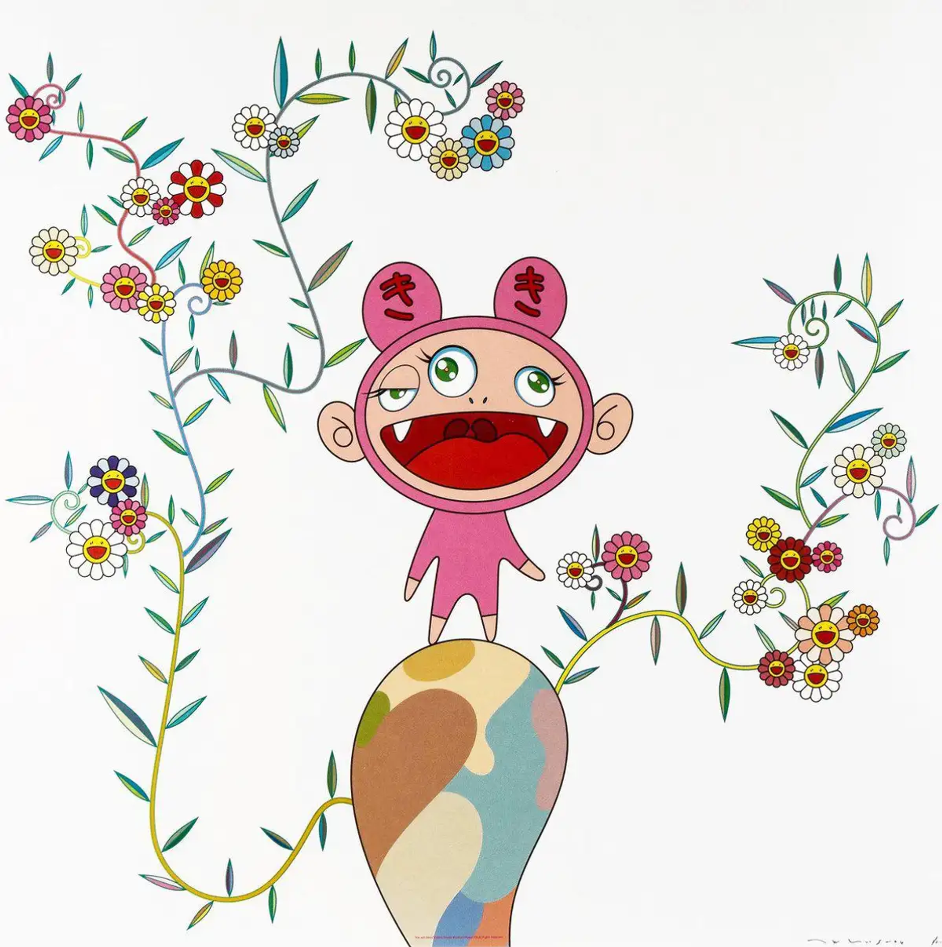 A Neo Pop lithograph of a pink animated character standing on a camouflage pattern ground with various flowers growing out from them. 