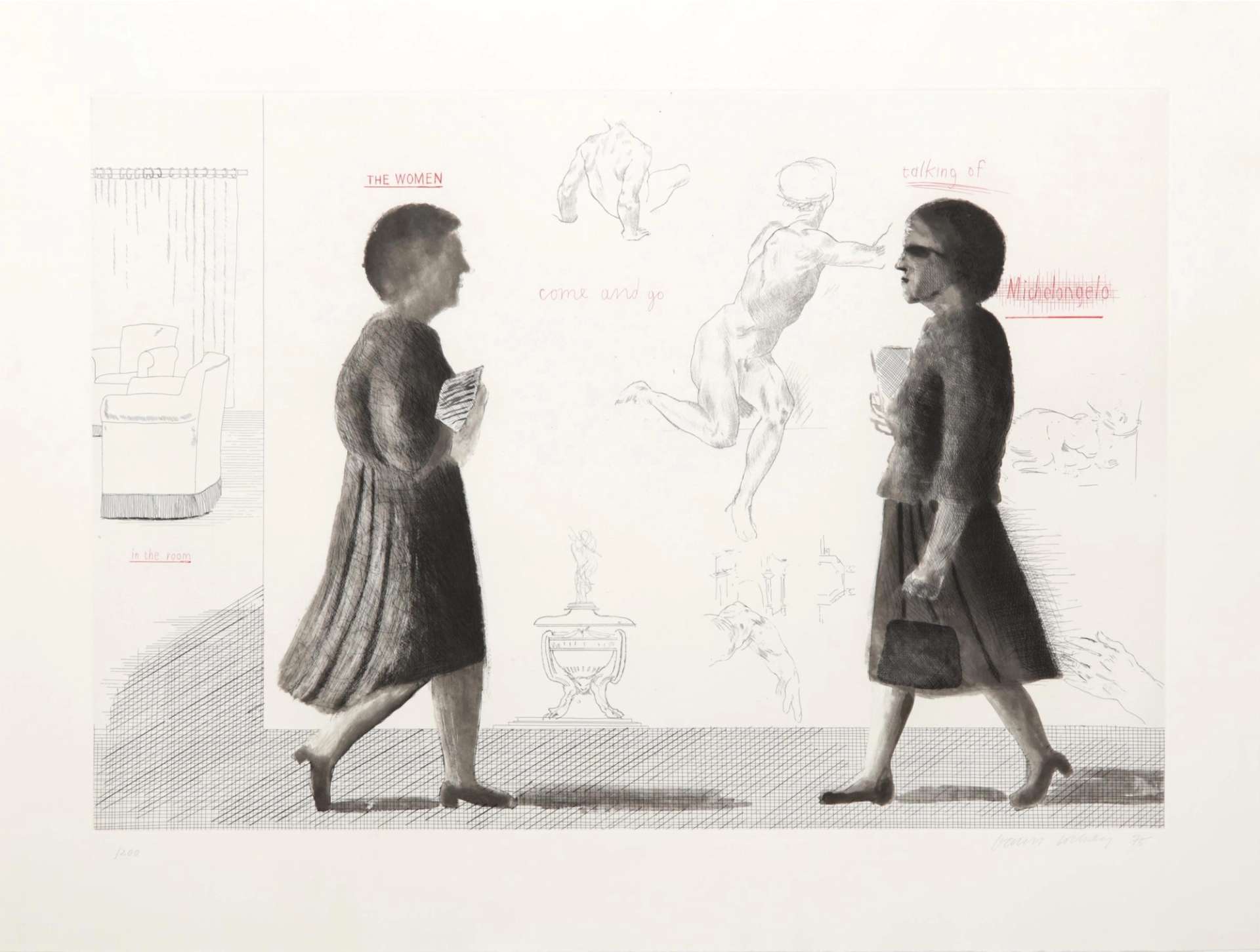 This print depicts two women as they walk towards one another, clutching a newspaper and a handbag, respectively. Behind the women, studies of works by Italian High Renaissance artist, Michelangelo, have been gesturally inscribed into an un-inked area resembling a wall, which engenders a stark light-dark contrast with the pair’s drab clothes. Literary references permeate the print, with the words ‘in the room’ and ‘THE WOMEN come and go talking of Michelangelo’ appearing on the wall in a coded reference to T.S. Eliot’.