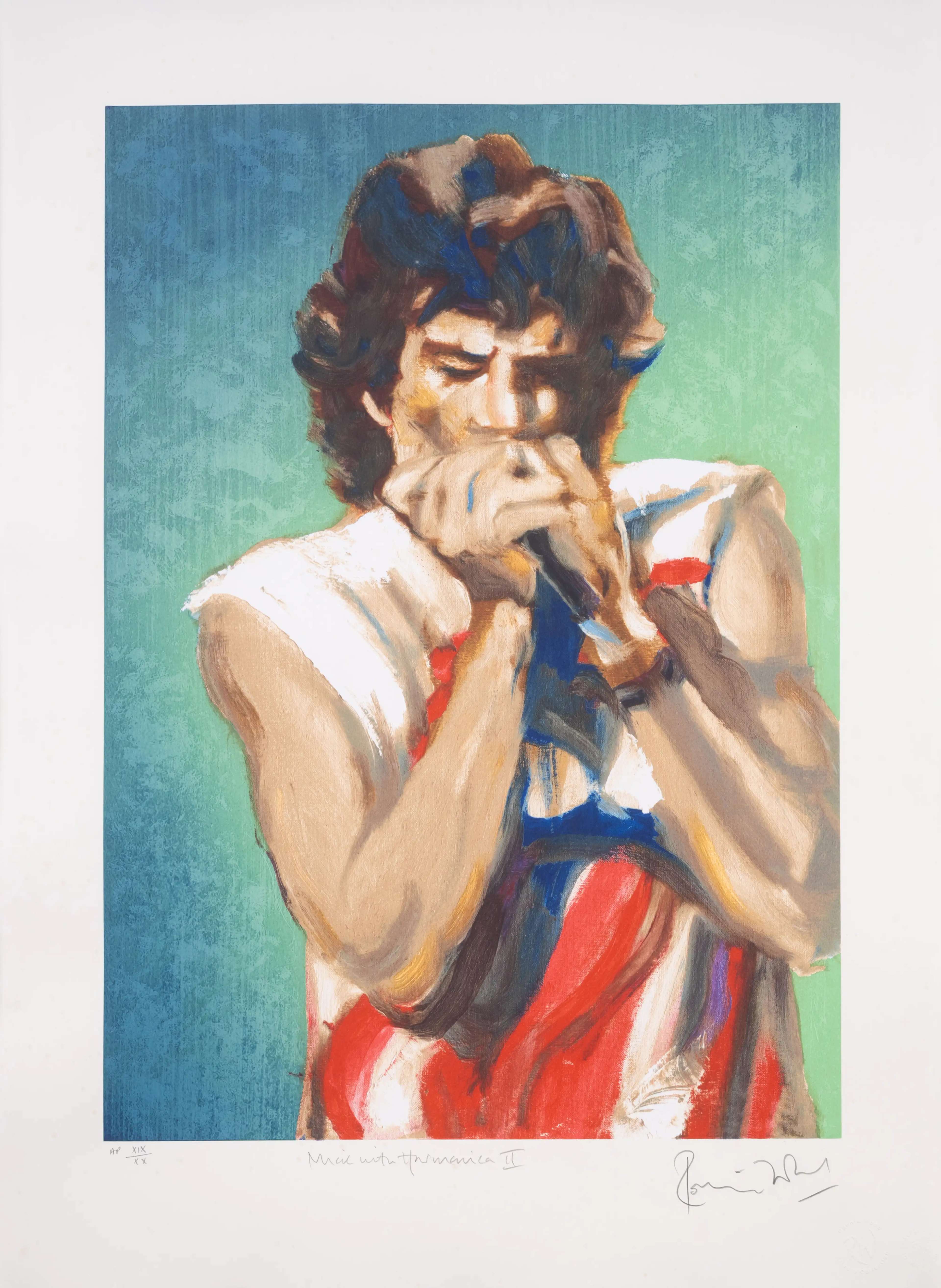 Mick With Harmonica II (Emerald) - Signed Print by Ronnie Wood 2004 - MyArtBroker