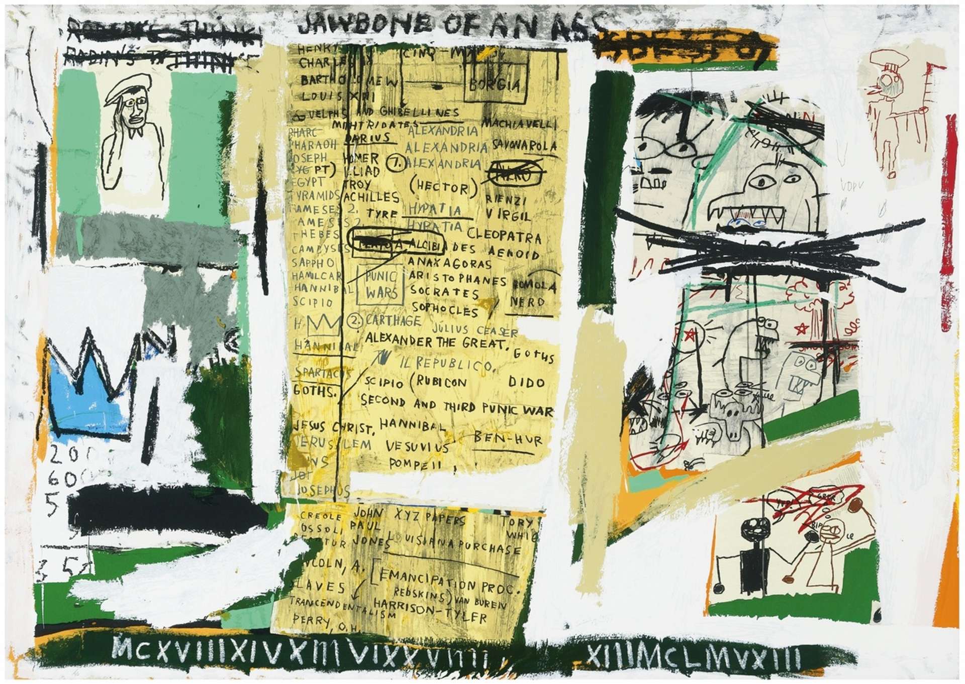 Dense green and yellow scribbles and writing