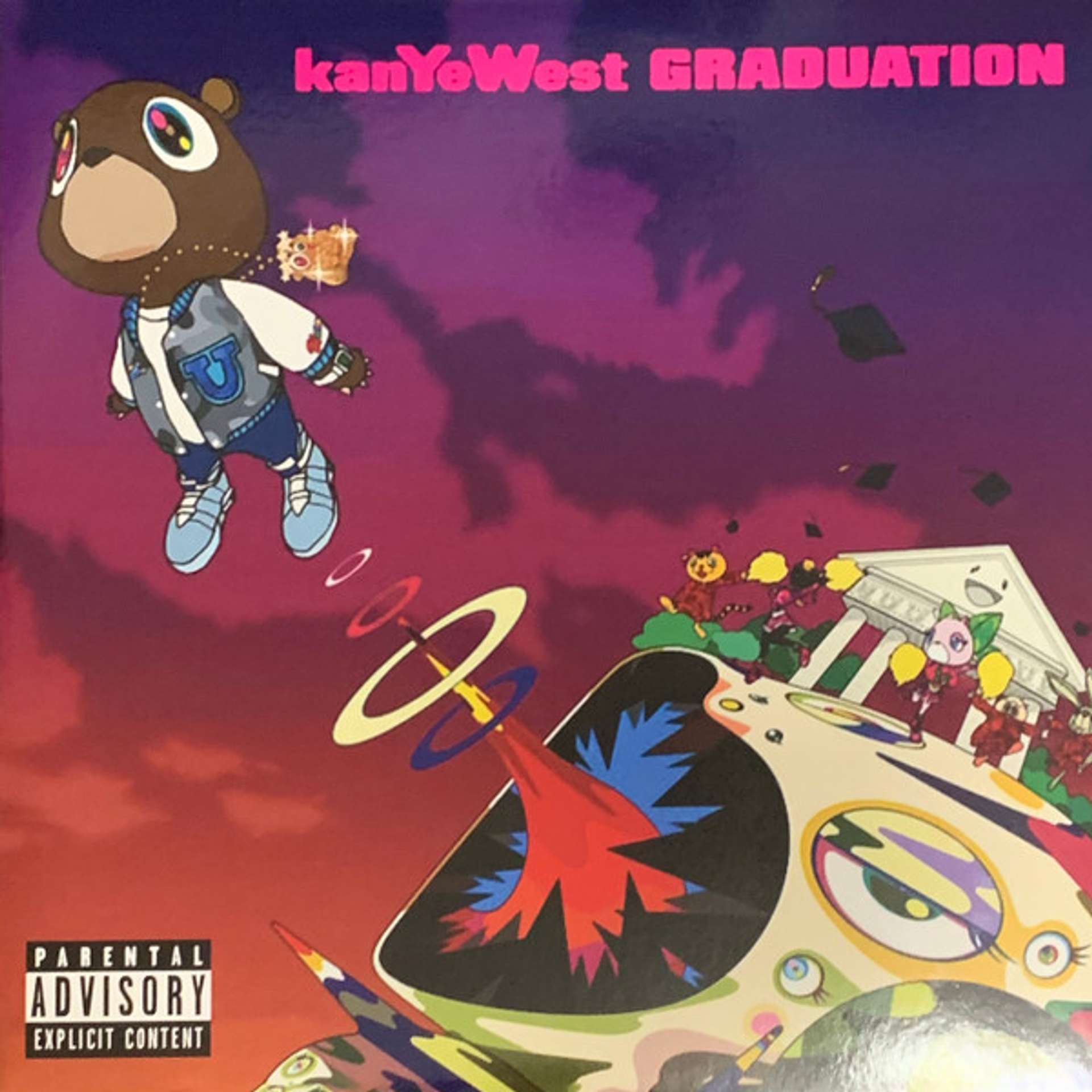 Kanye West's Graduation album cover, depicting a bear in streetwear being launched into a red and purple sky.