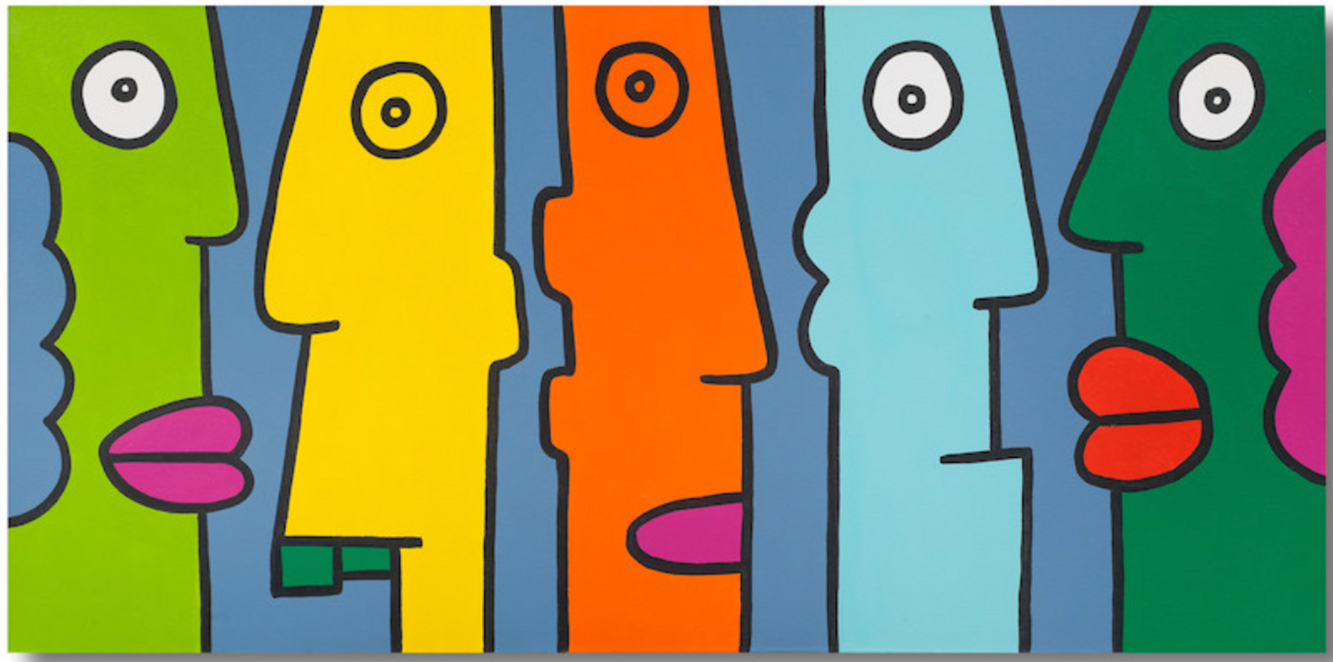 A graphic depiction of cartoon heads across the canvas in bold block colours.