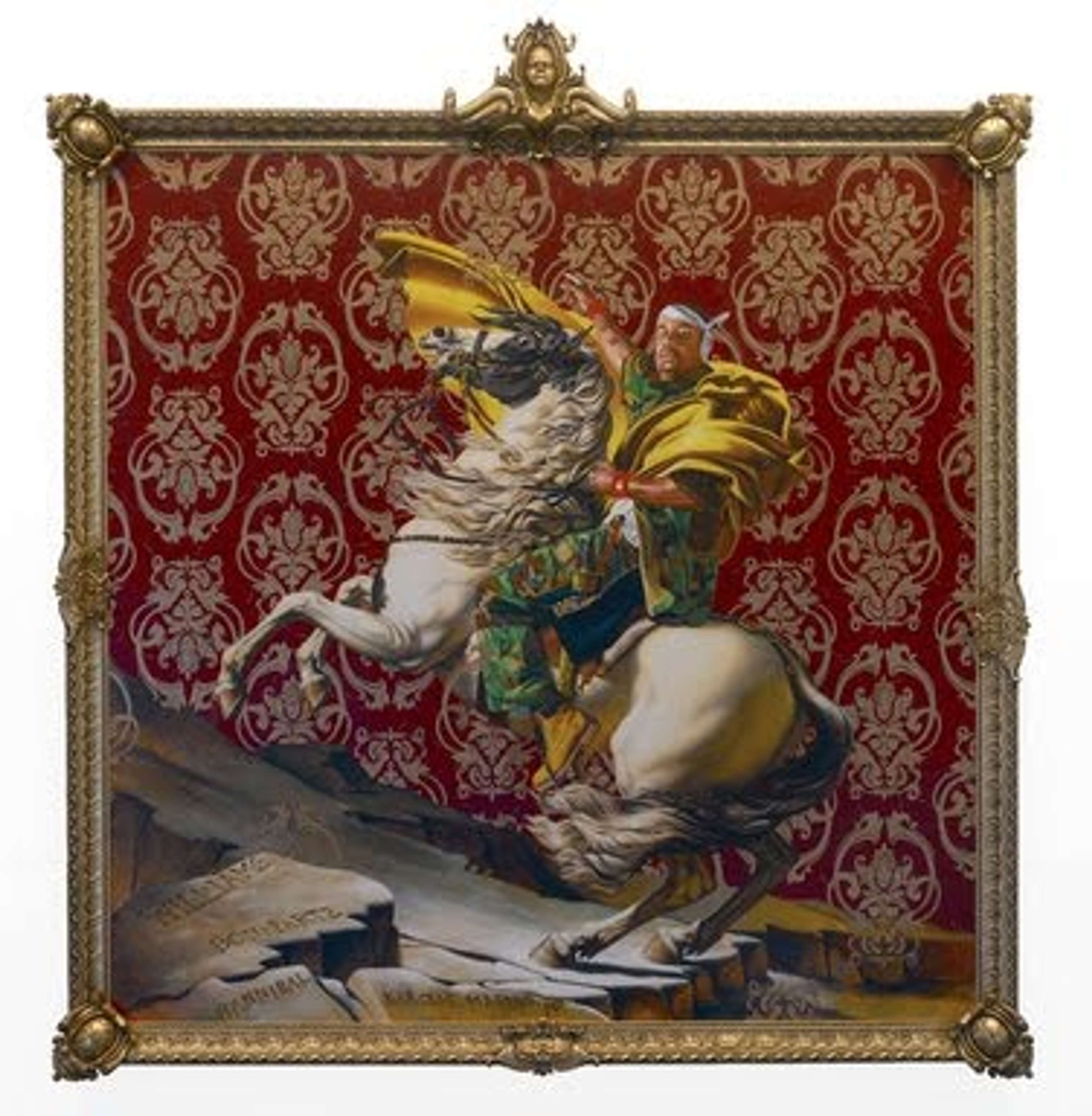 Kehinde Wiley’s Napoleon Leading The Army Over The Alps. A man riding a horse pointing forward against a red, decorative background.