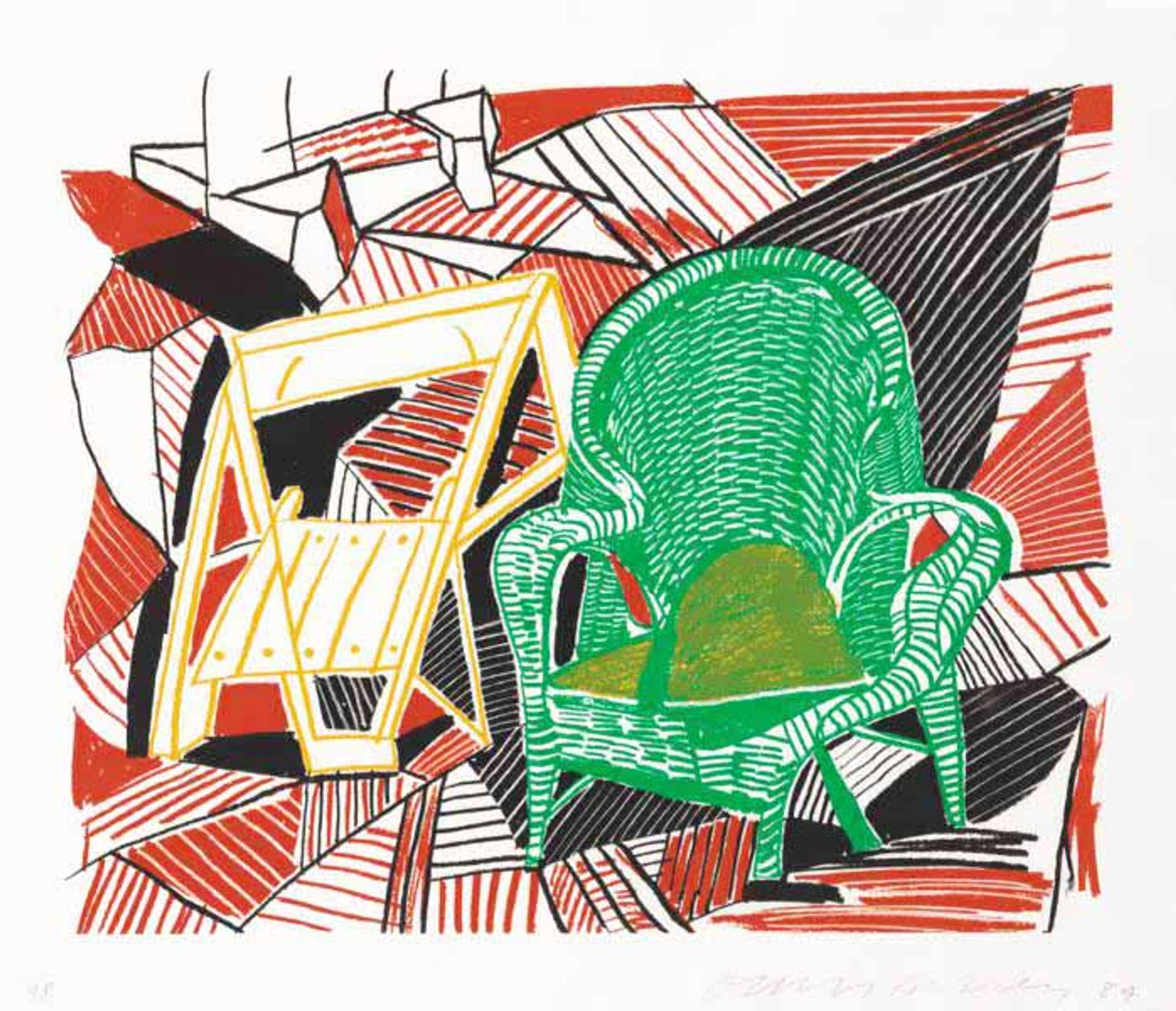 David Hockney's Two Pembroke Studio Chairs. A lithographic print of one green chair and one white chair on a black and red tiled floor. 