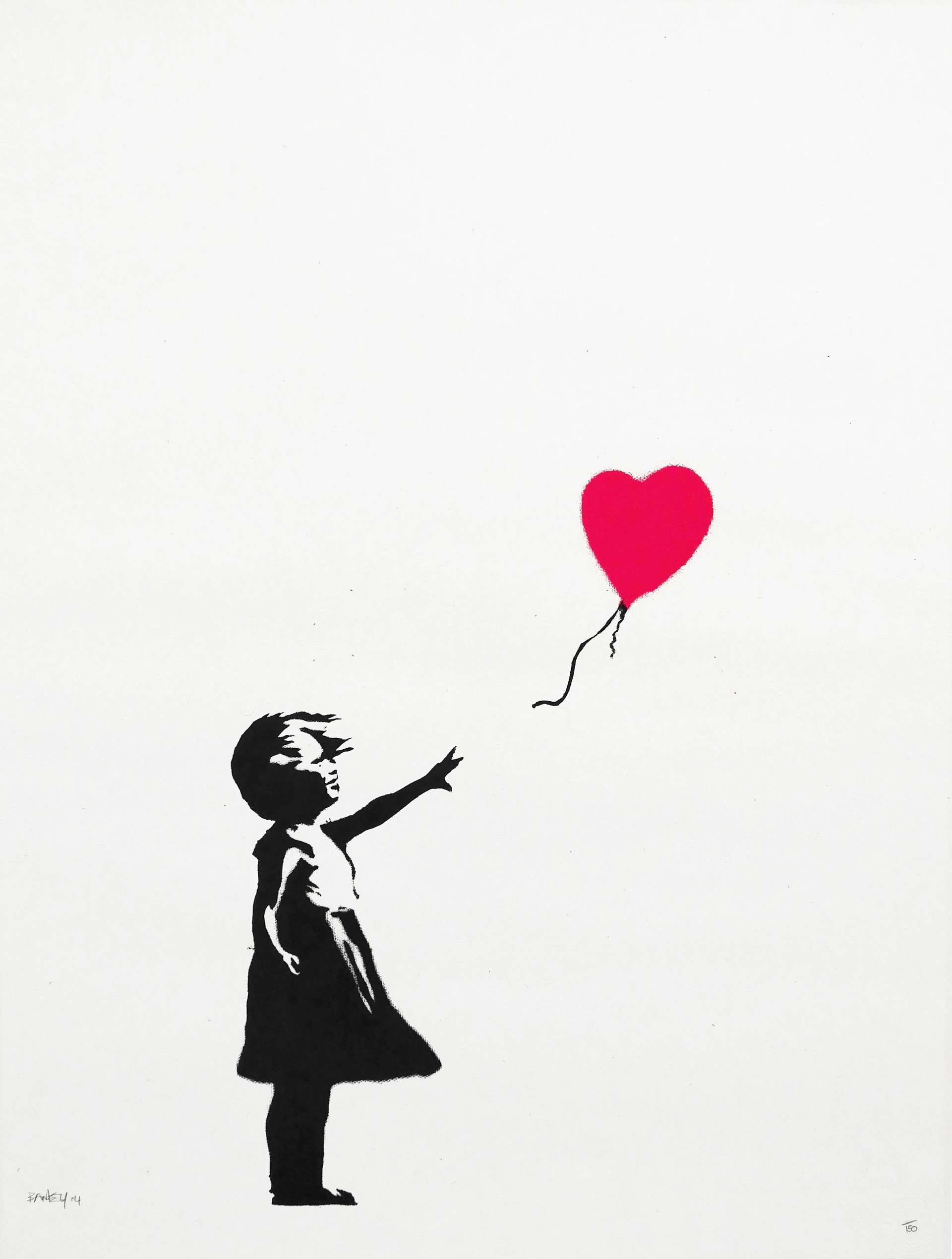 A screenprint by Banksy depicting a young girl in black ink reaching for a red heart-shaped balloon