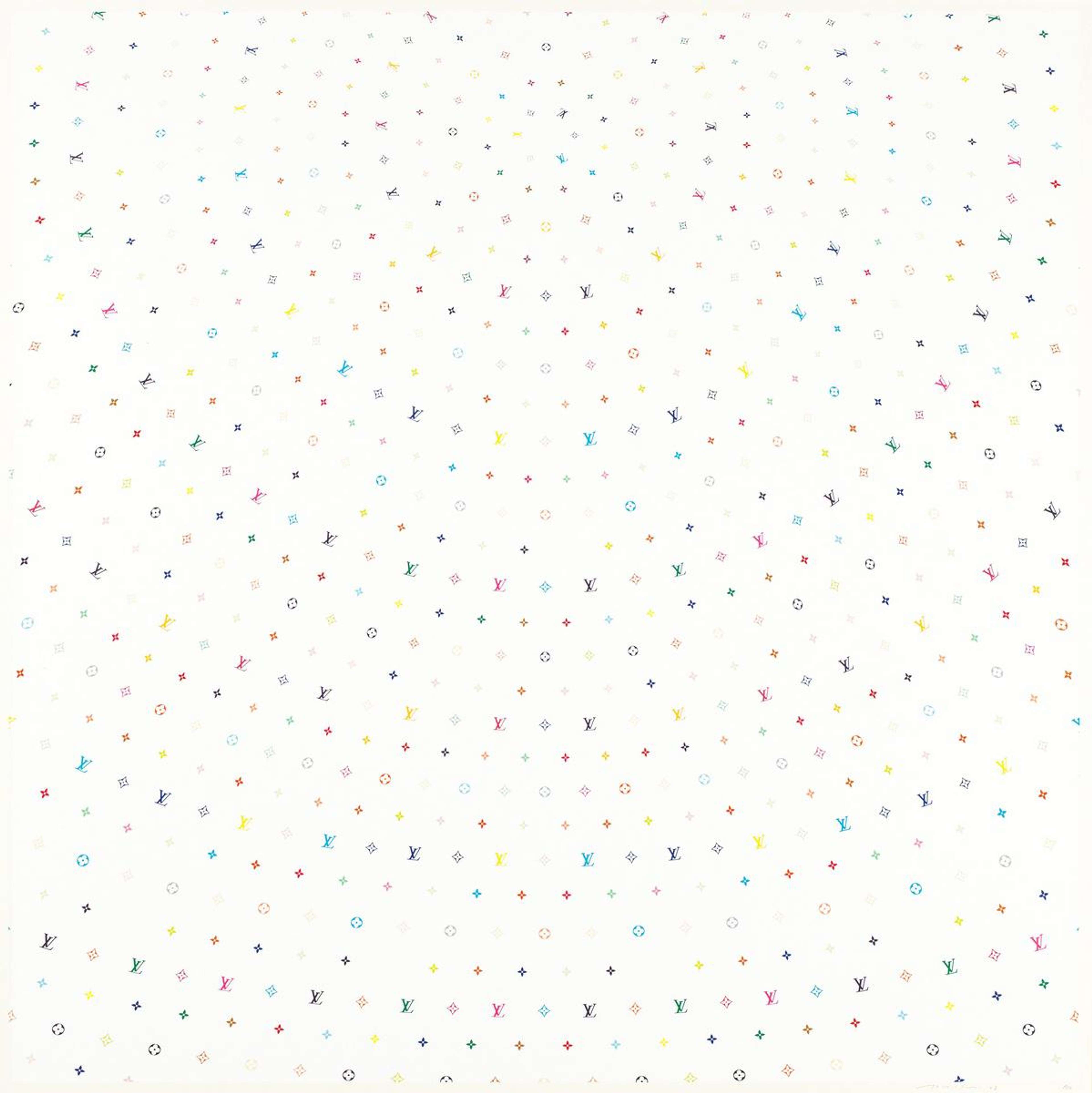 Takashi Murakami’s Sphere (white). Multicoloured monogram Louis Vuitton pattern in the shape of a sphere against a white background.