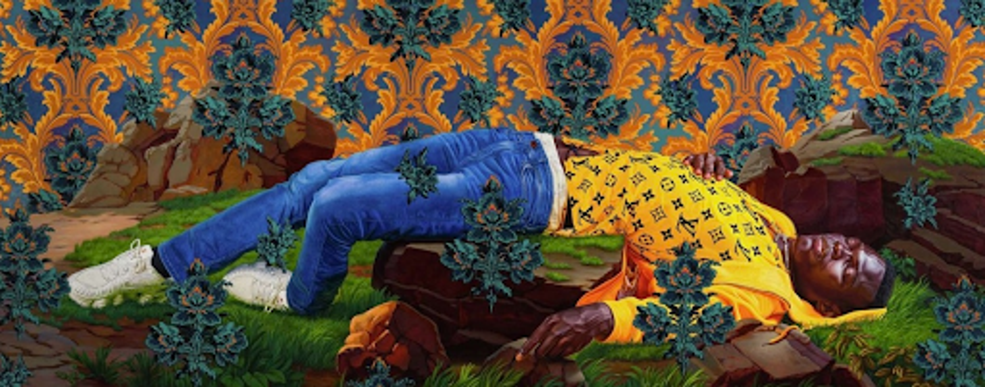 Kehinde Wiley’s Femme Piquée Par Un Serpent (Mamadou Gueye). A portrait of a man dressed in a Louis Vuitton shirt and jeans lying down against stones in a lush landscape against a rococo background.
