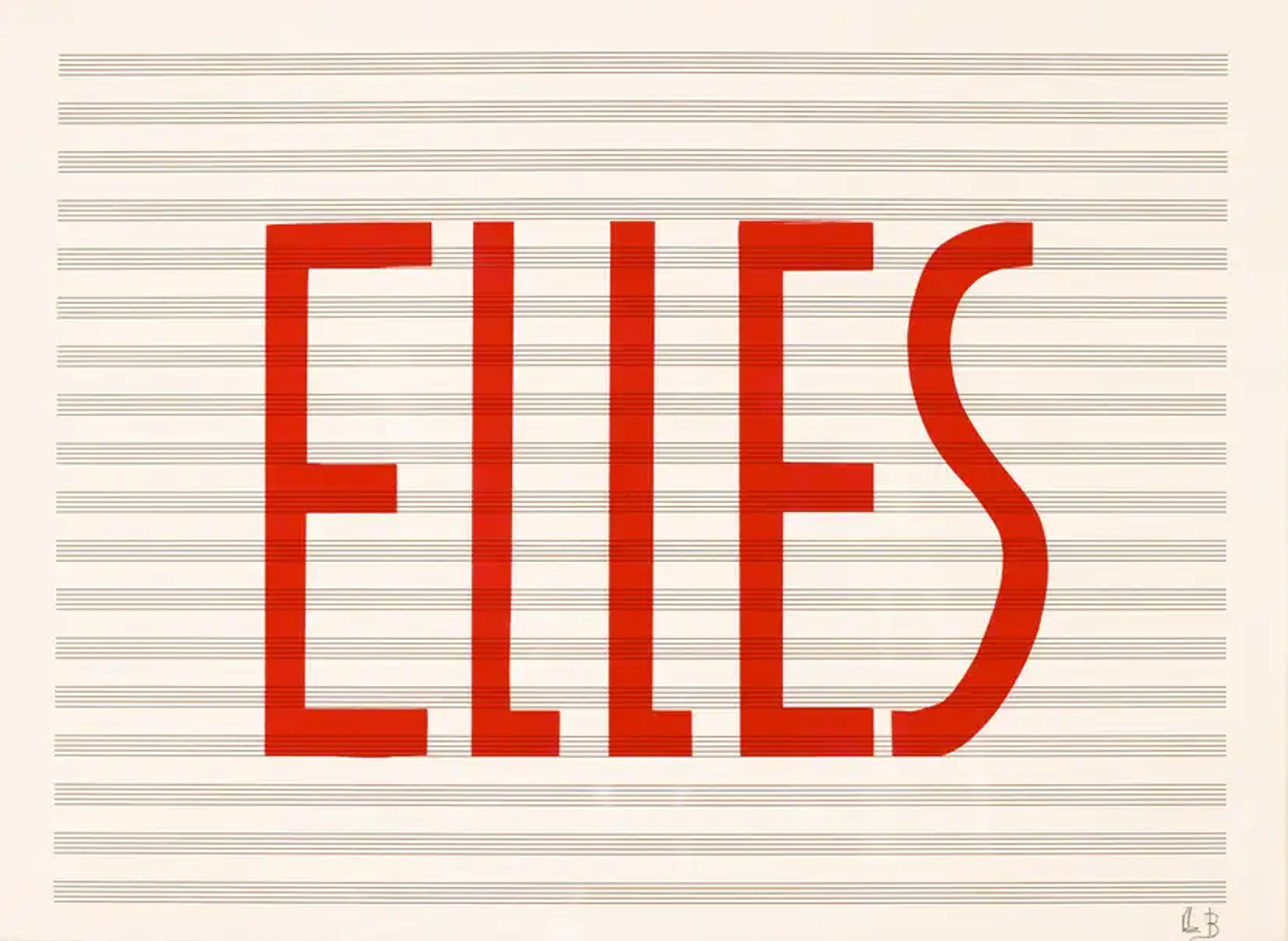 This print by Louise Bourgeois shows the word "Elles" in all capital red letters, against a striped cream and grey background.