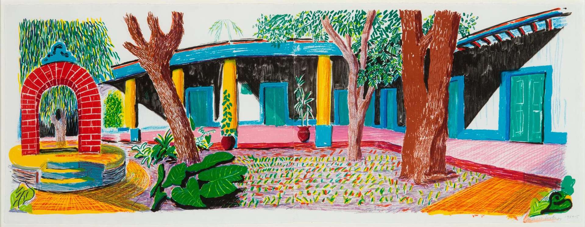 David Hockney’s Hotel Acatlán: Second Day. A lithographic print of an exterior view of Hotel Acatlán from the courtyard. 