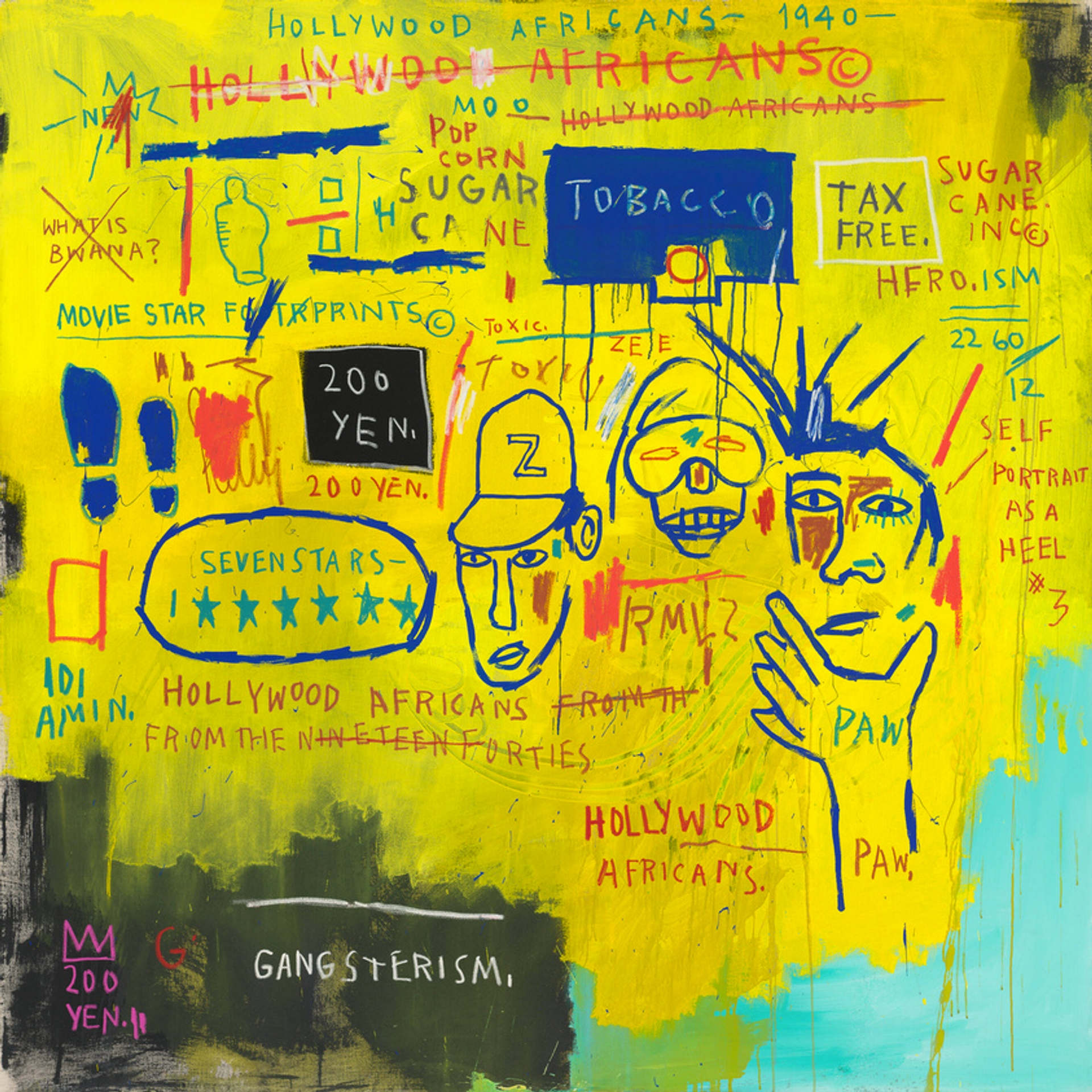 This bright yellow work by Jean-Michel Basquiat shows three figures, surrounded by his signature disconnected words.