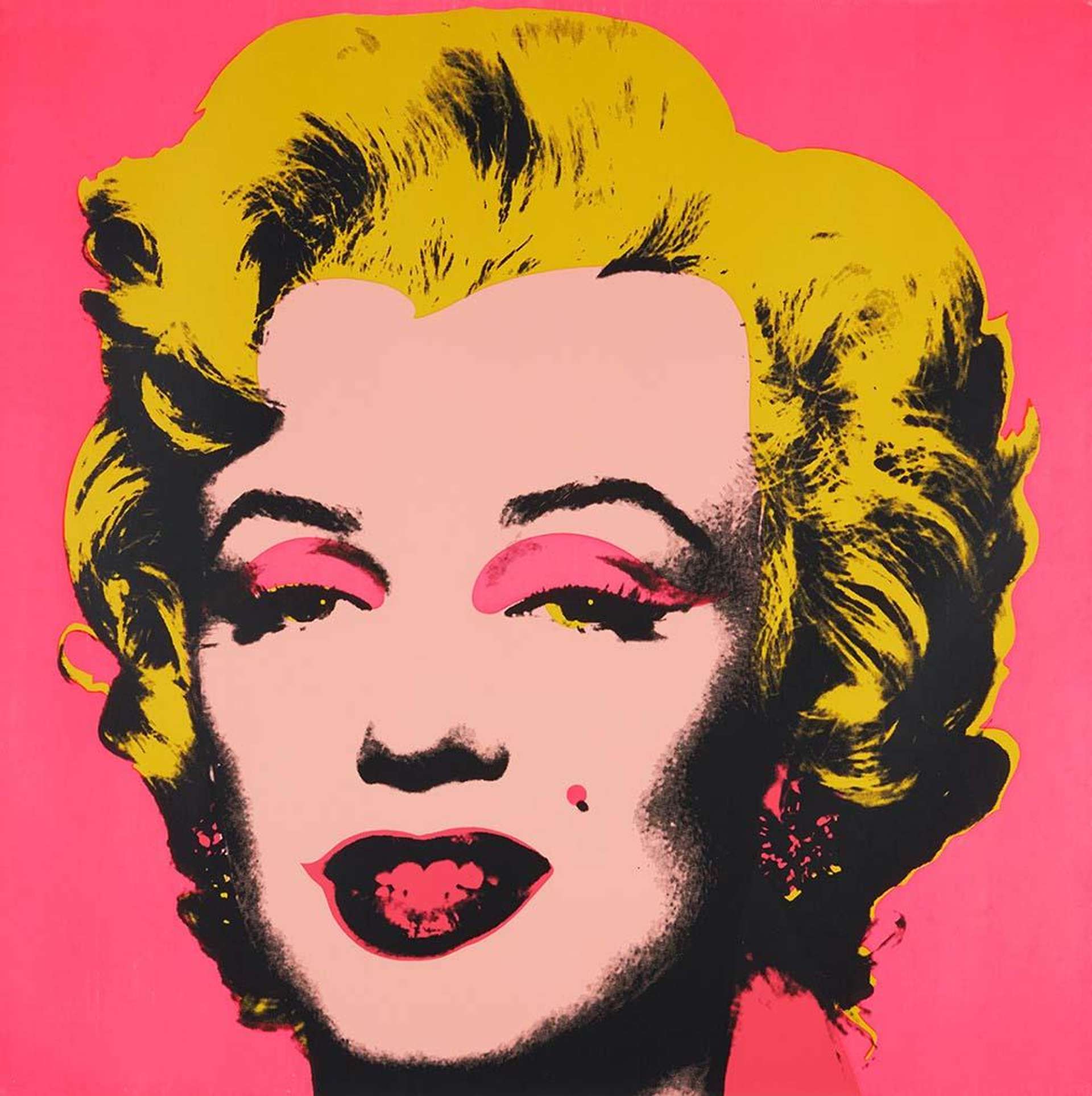 This is a screen print from Andy Warhol’s Marilyn series, a portrait of the world-famous actress Marilyn Monroe depicted in brilliant hues, with her hair coloured yellow and vivid magenta colouring her lips, eyelids and backdrop.