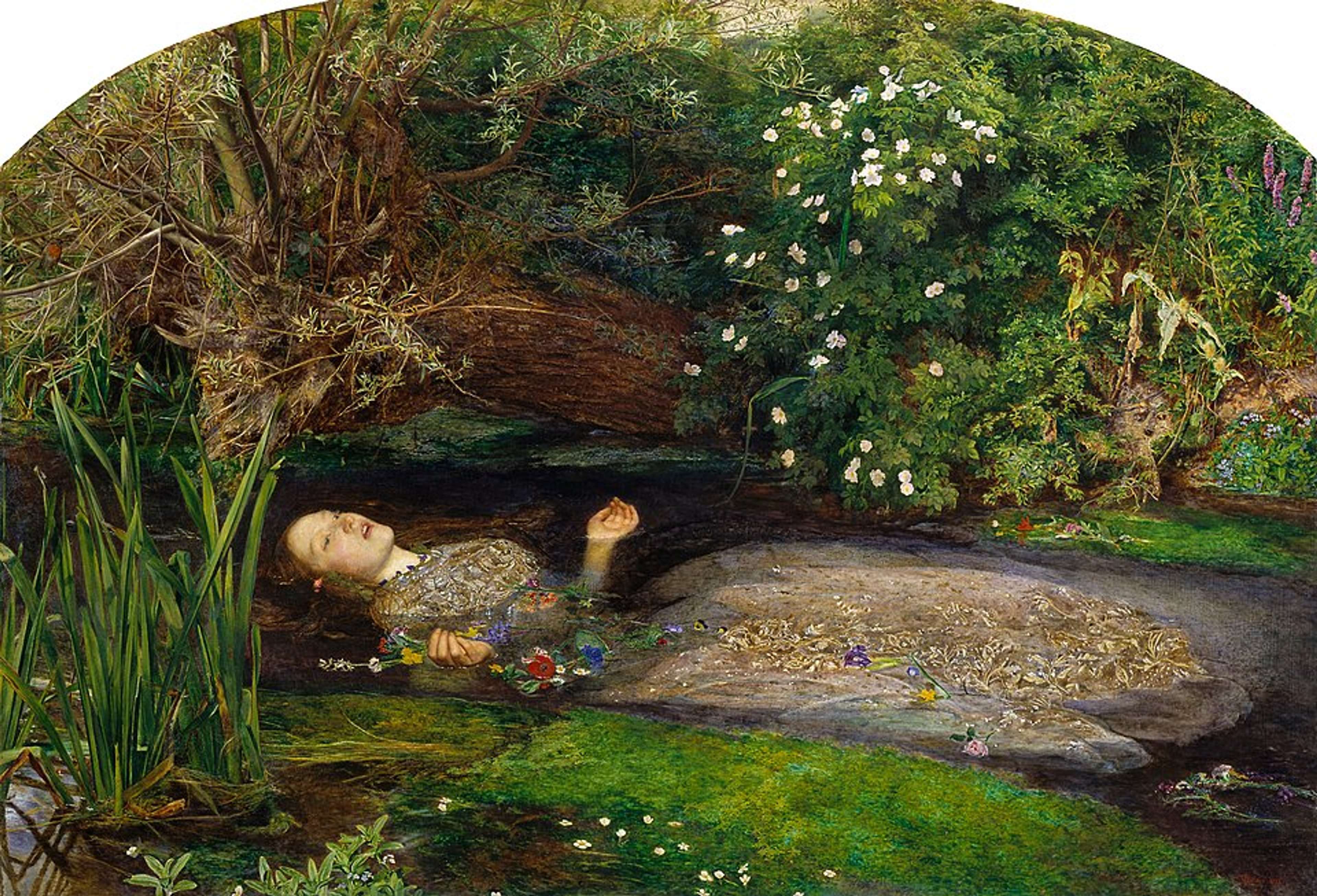 A young woman in an ornate gown floats lifeless in a lush, overgrown stream, her pale face turned upward amid trailing flowers and dense green foliage.