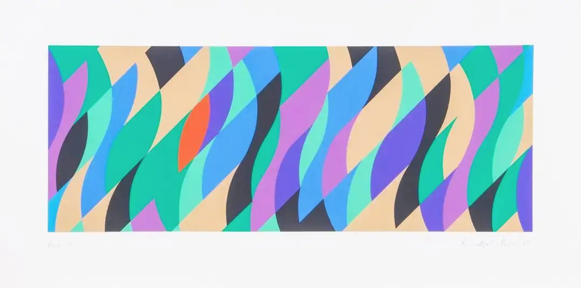 An image of a print by Bridget Riley, showing a variety of wavy geometric shapes in cool tones.