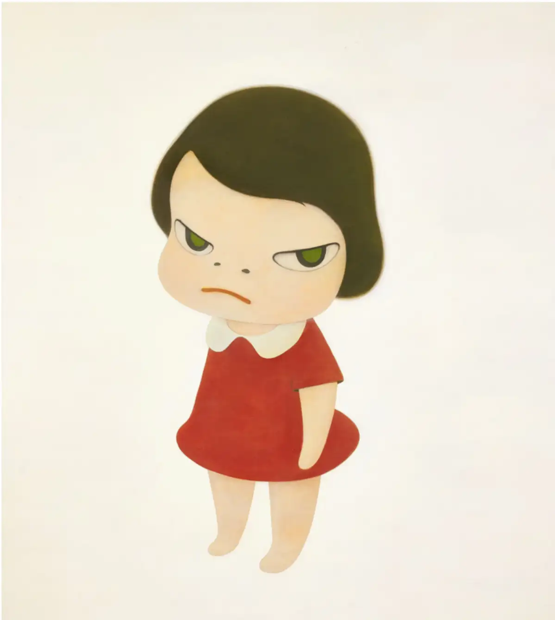 Yoshitomo Nara’s Knife Behind Back: Girl in red dress with angry facial expressions