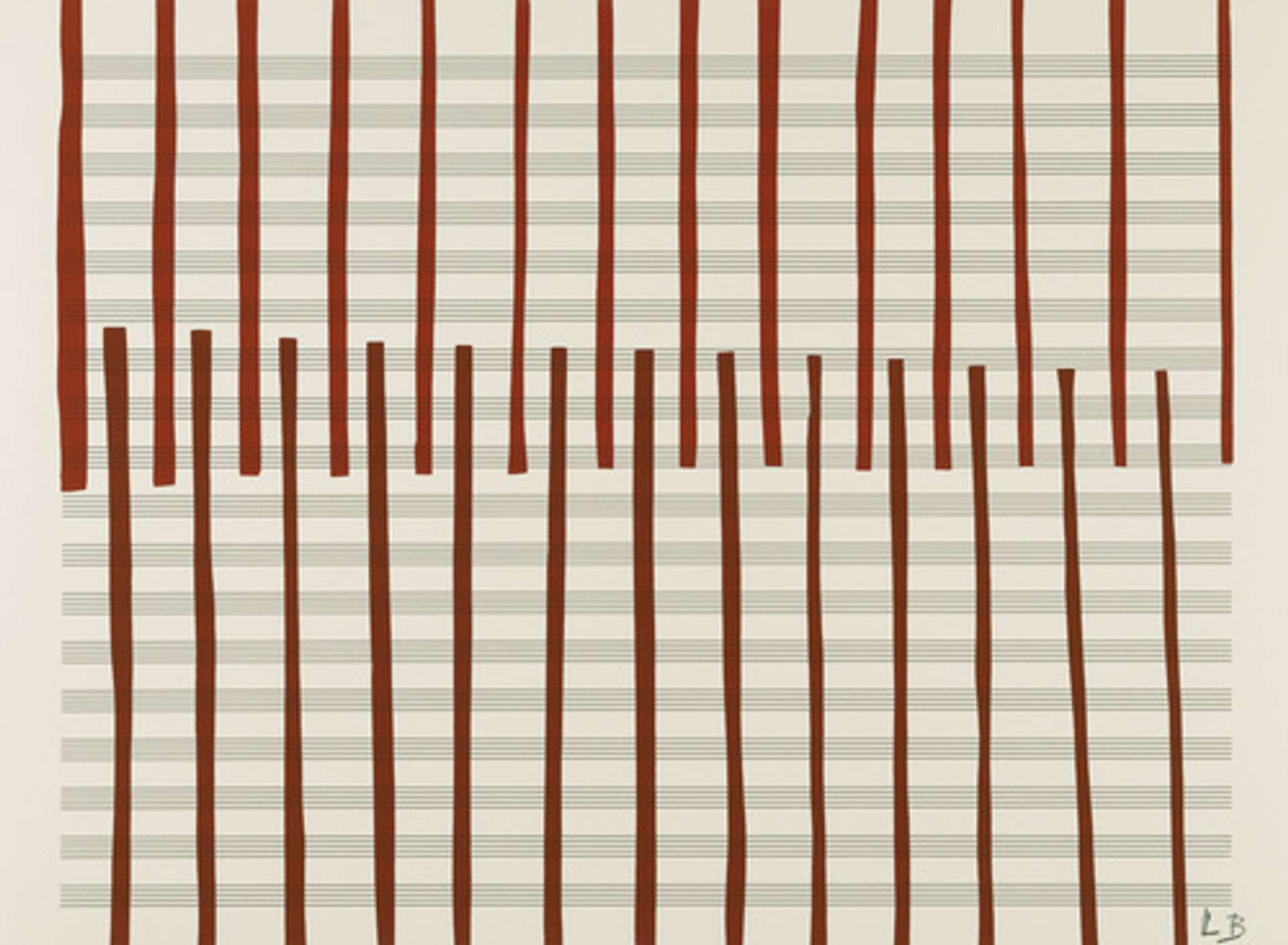 In this geometric print by Louise Bourgeois, two rows of opposing burgundy vertical lines lightly overlap one another in the centre of the canvas.