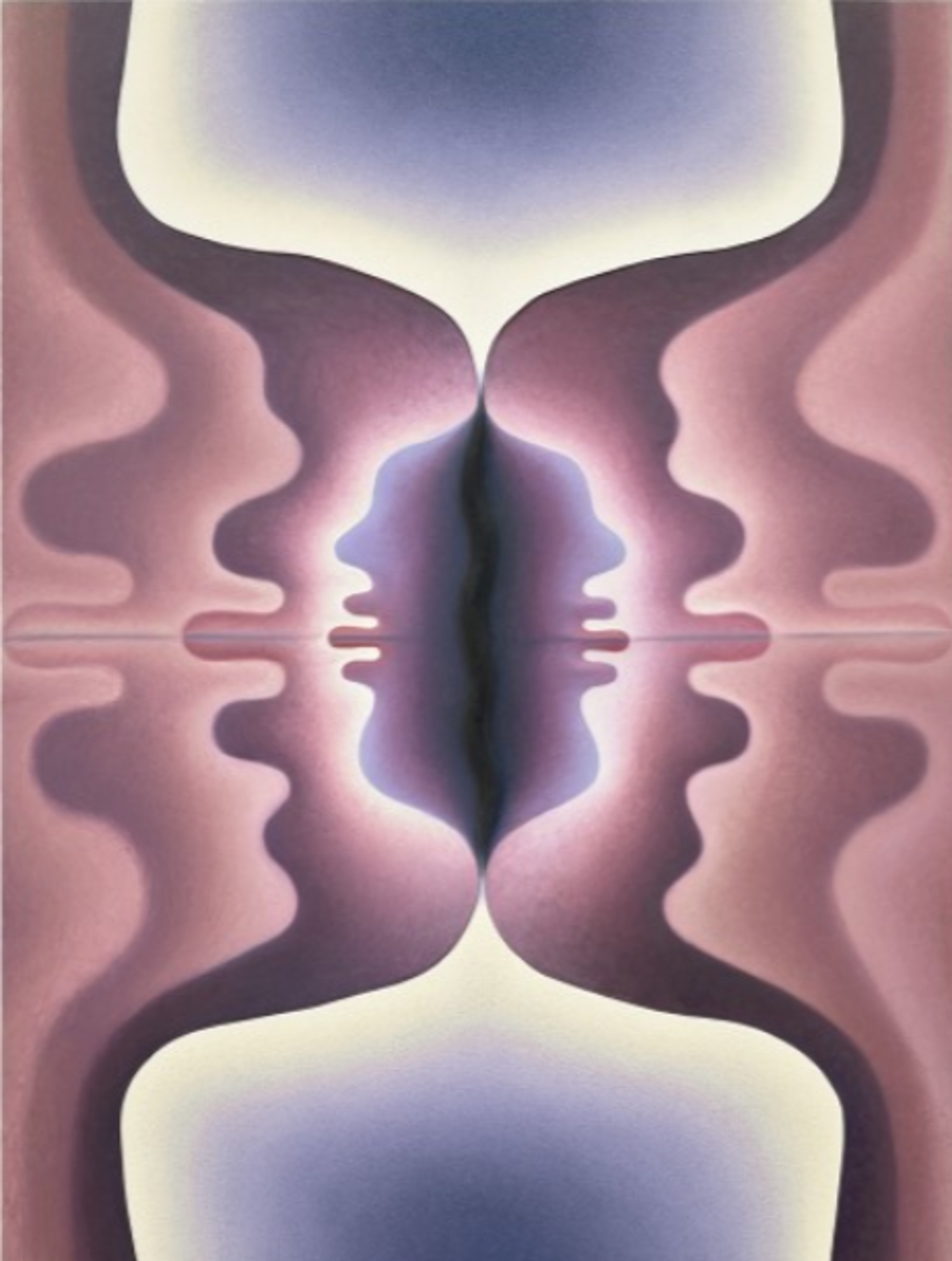 A symmetrical painting featuring soft, undulating silhouettes in gradients of purple, pink, and cream. Organic forms mirror each other, creating a central vertical axis with glowing highlights and shadowed edges. The composition suggests abstraction and intimacy through fluid shapes.