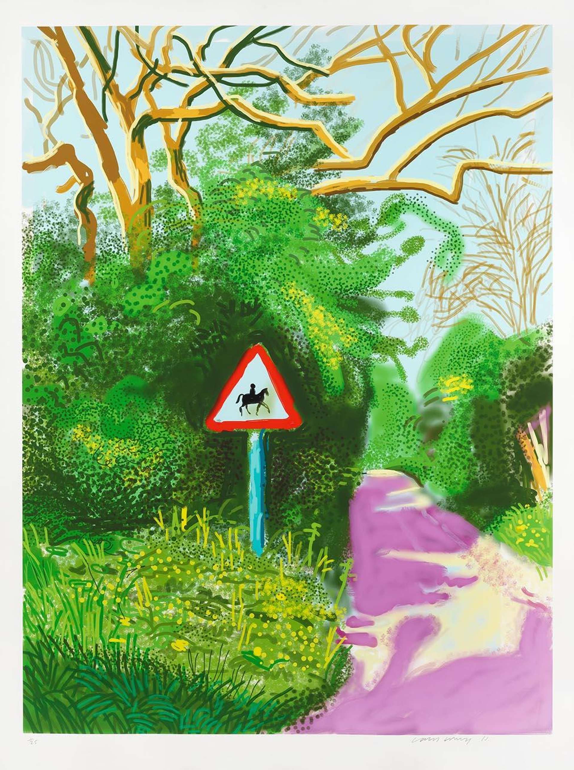An iPad drawing by David Hockney depicting a pink road linked by green foliage, with a road sign in the middle of the composition.