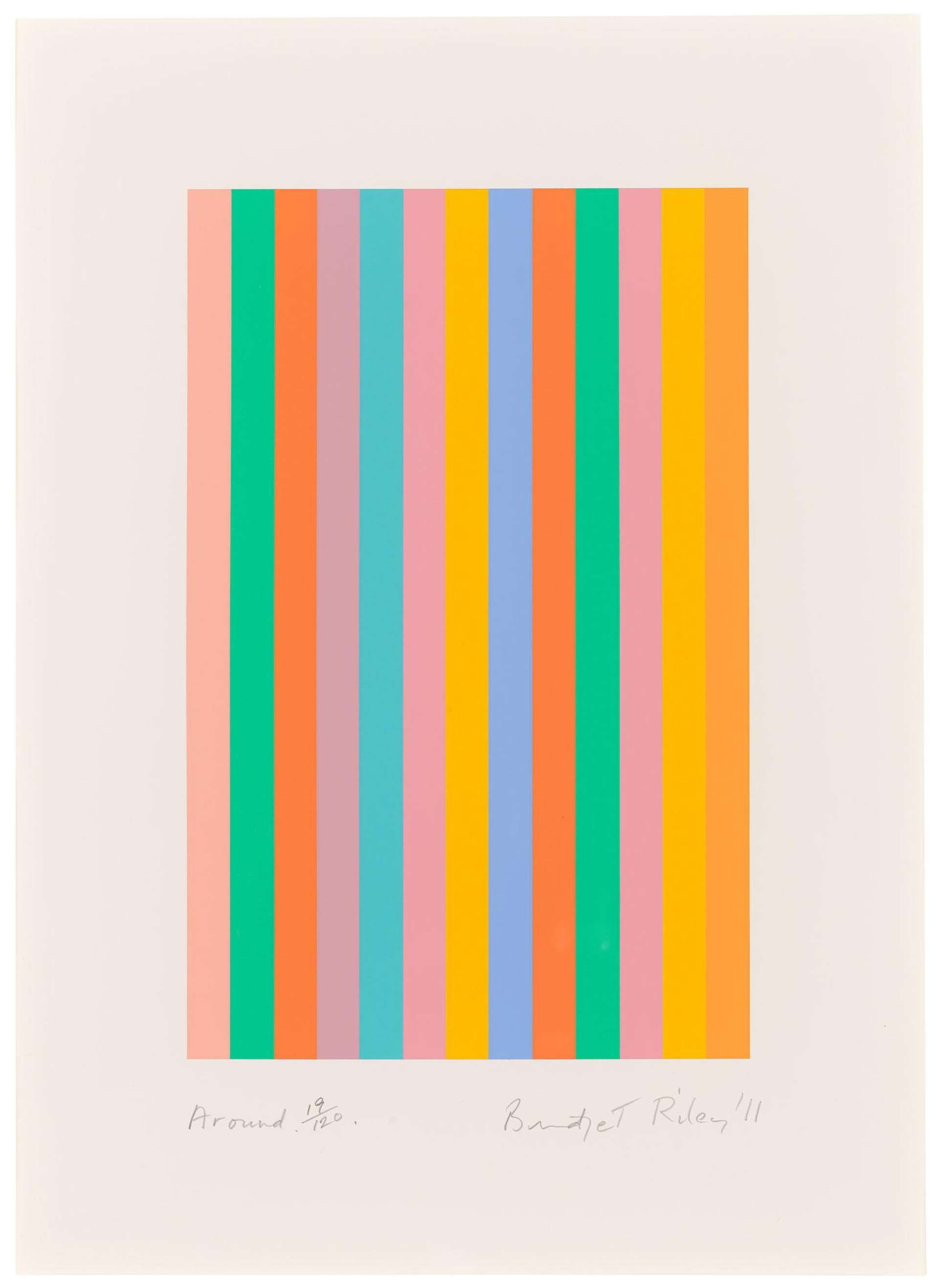 The print depicts a composition of successive vertical stripes rendered in bright colours. Repetition characterises this print as the lines all appear to be identical in shape and size. Each line is a different colour and the colours Riley employs in this print are bright, warm and vibrant.