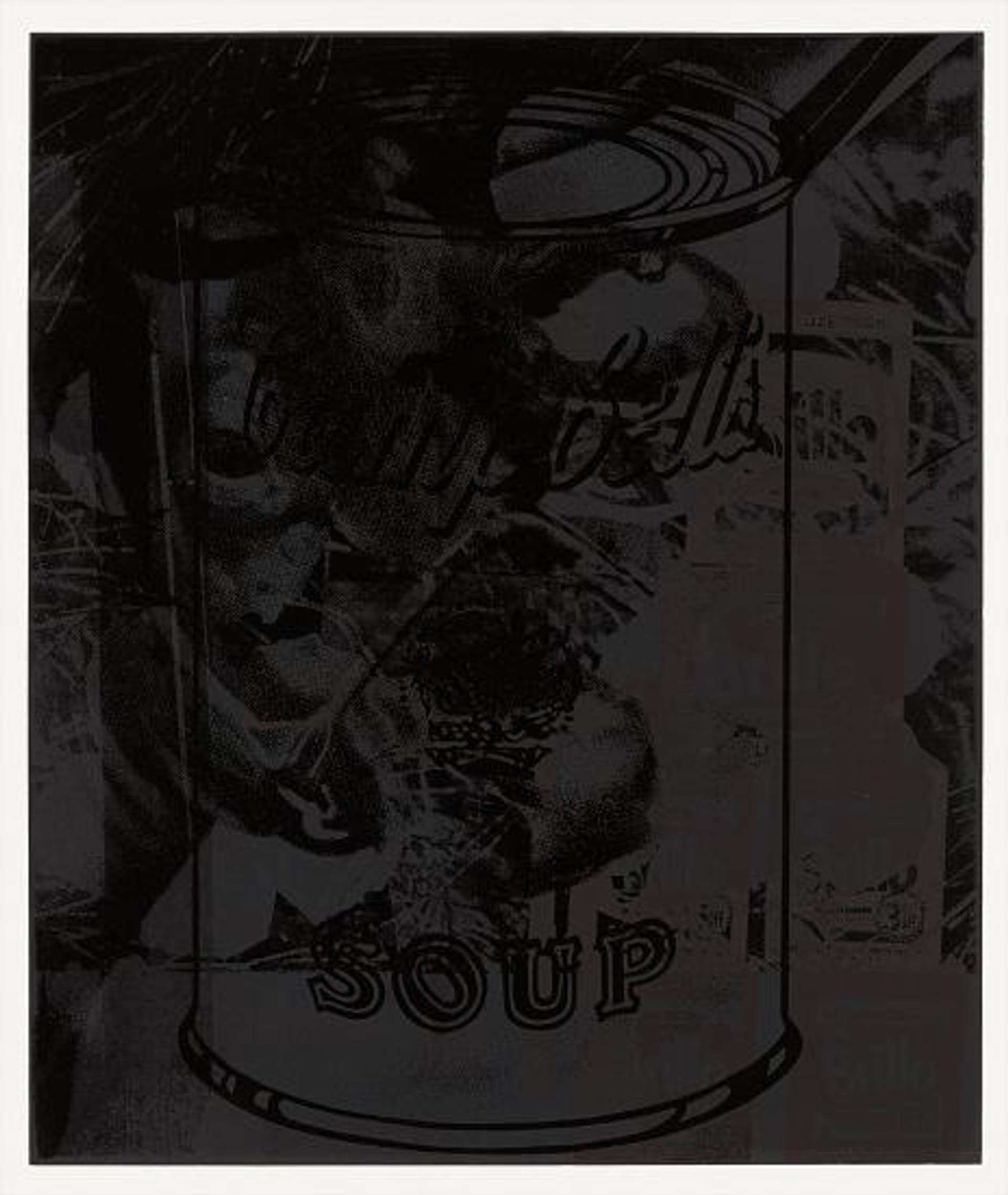 A screenprint by Andy Warhol in black ink depicting the outline of one of his iconic Campbell's soup cans.