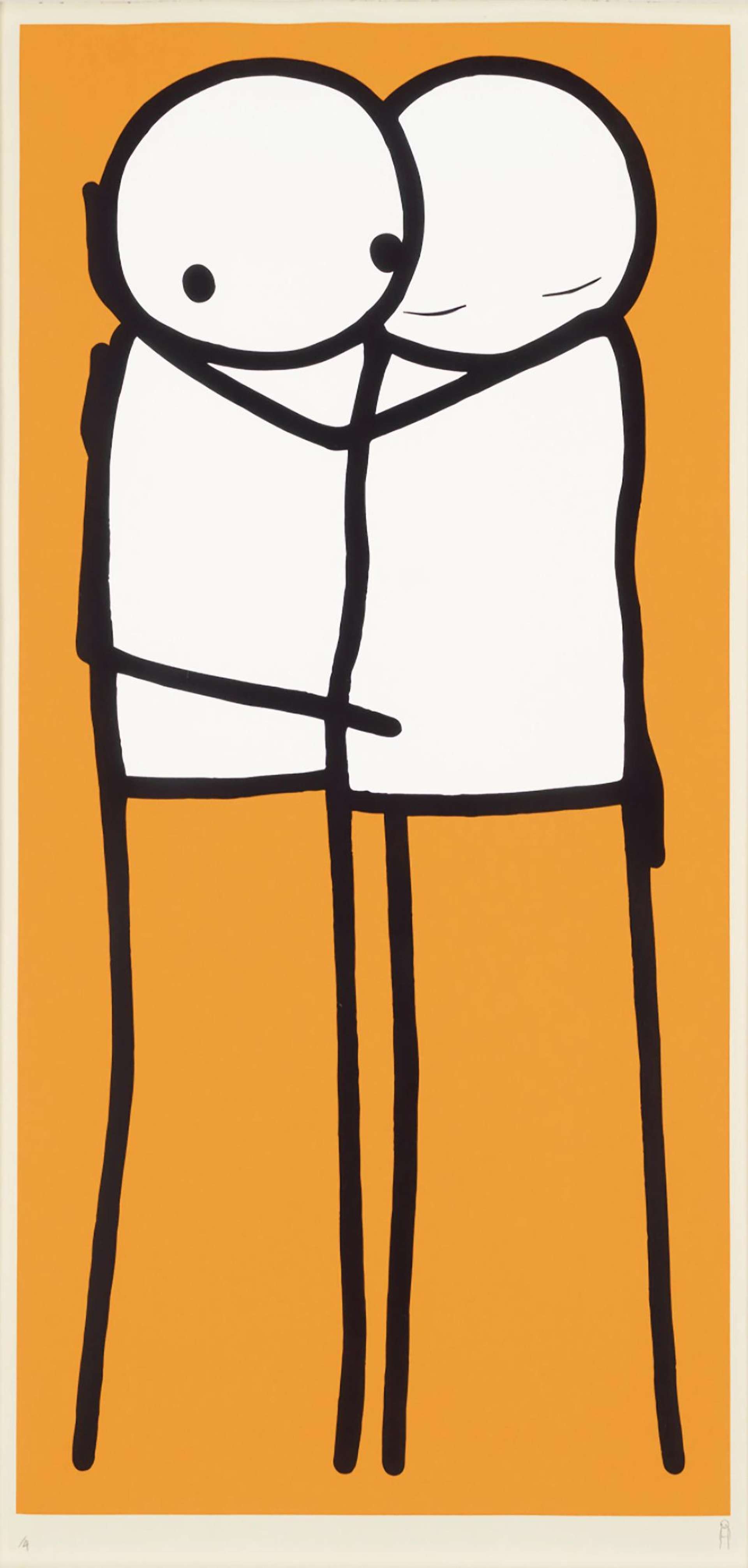 STIK’s Lovers (orange). A screenprint of two black outlined stick figures with white bodies standing side by side holding each other. 