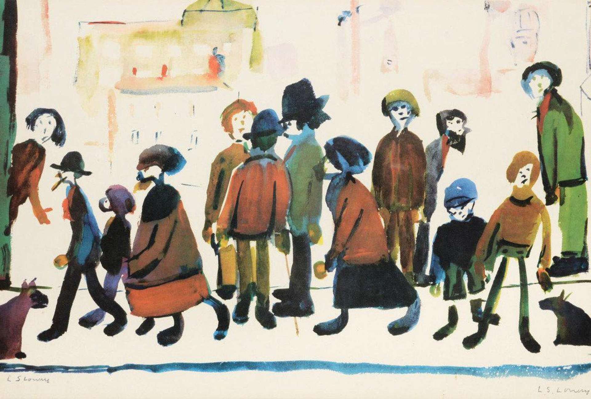 L.S. Lowry’s People Standing About. A lithograph of a group of people standing about on a local street, dressed in a variety of colourful coats. 