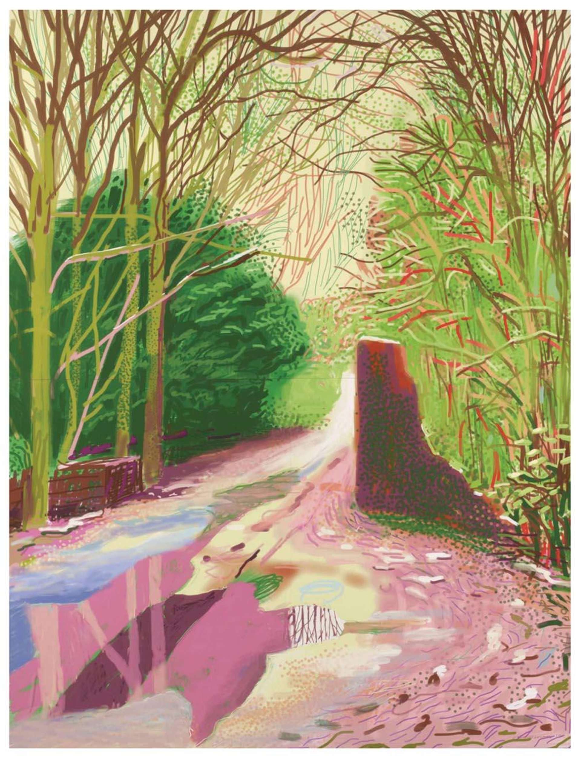David Hockney’s The Arrival Of Spring In Woldgate, East Yorkshire 2nd January 2011. A digital print of an outdoor landscape with trees without leaves alongside green shrubs with a walking path in pink. 
