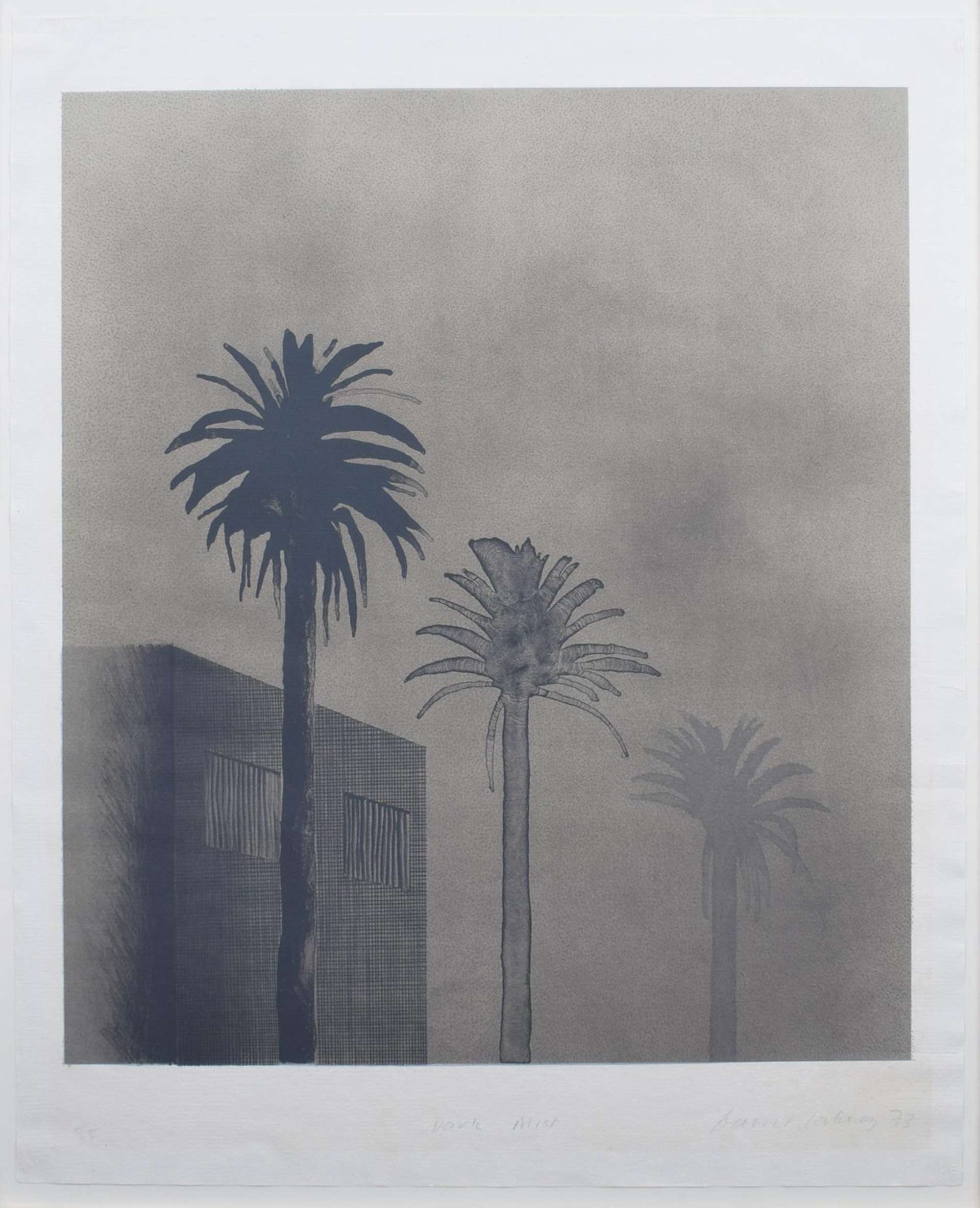 David Hockney's Dark Mist. A print of three palm trees in front of a building, covered by mist with a dark grey overcast