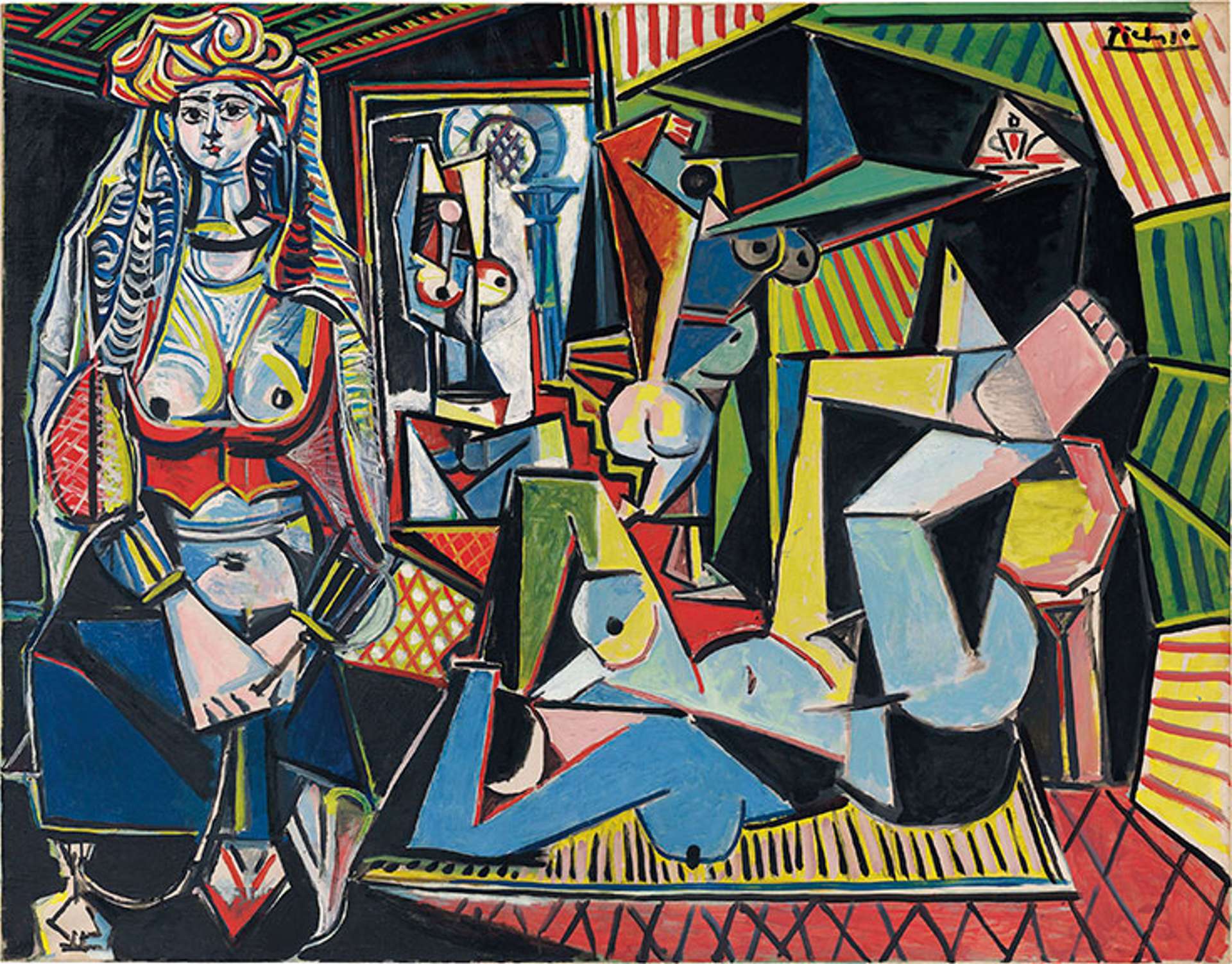 A cubist style painting of partially nude women in a vividly coloured room.