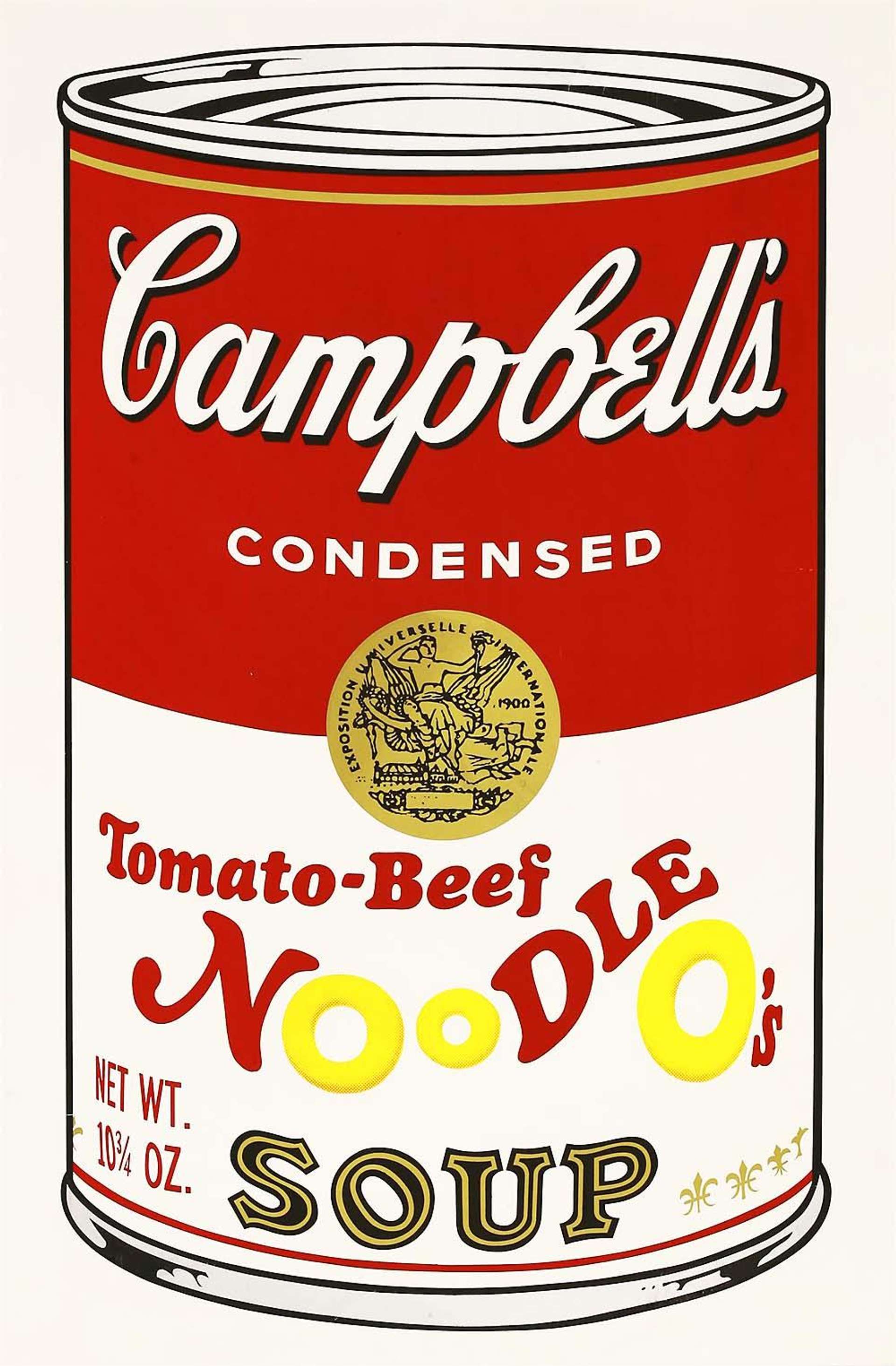 A screenprint by Andy Warhol depicting a Campbell's Tomato Beef Noodle O's soup can.
