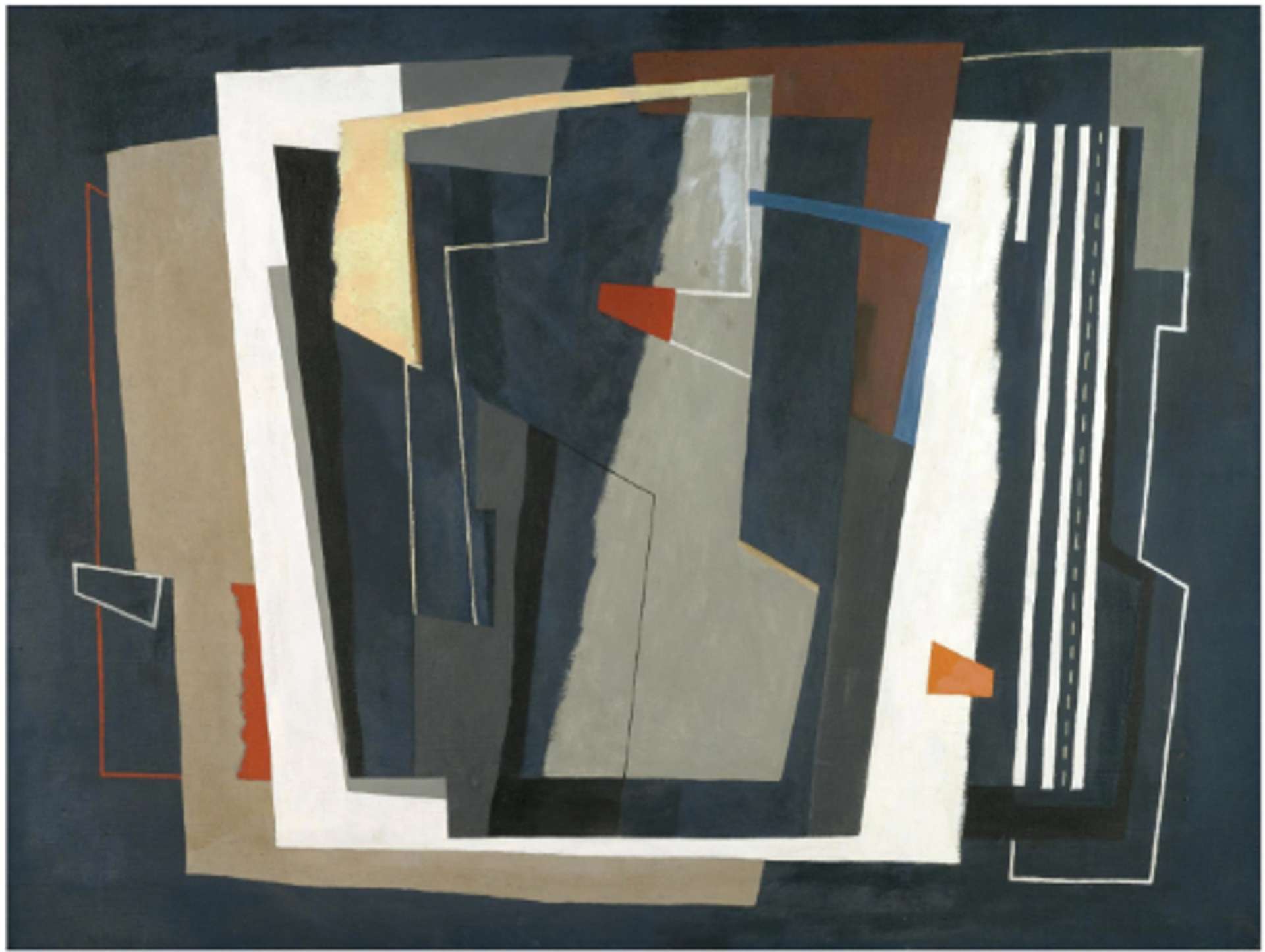 Abstract painting featuring intersecting beige, white, black, blue, and green vertical lines at various angles, bordered by a blue perimeter.