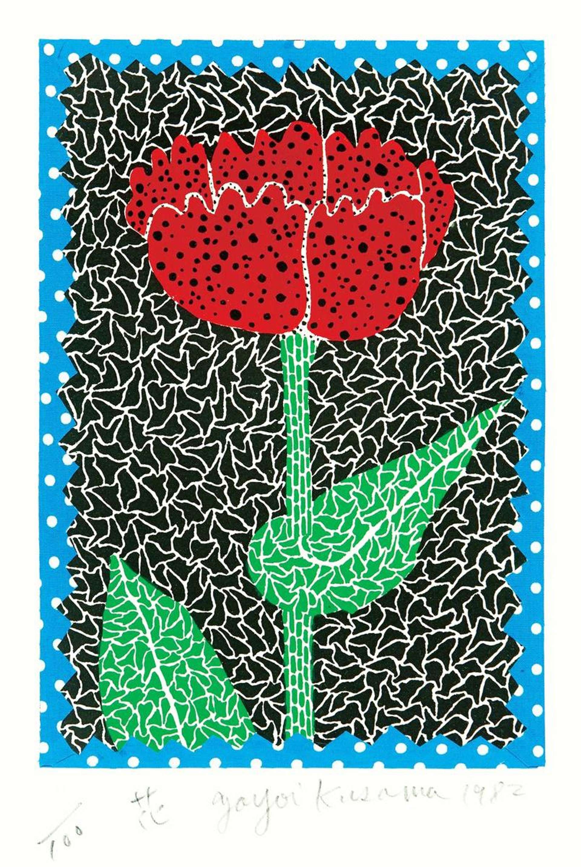 A print of a mosaic-like rendering of a red rose by Yayoi Kusama against a black background with a blue border.