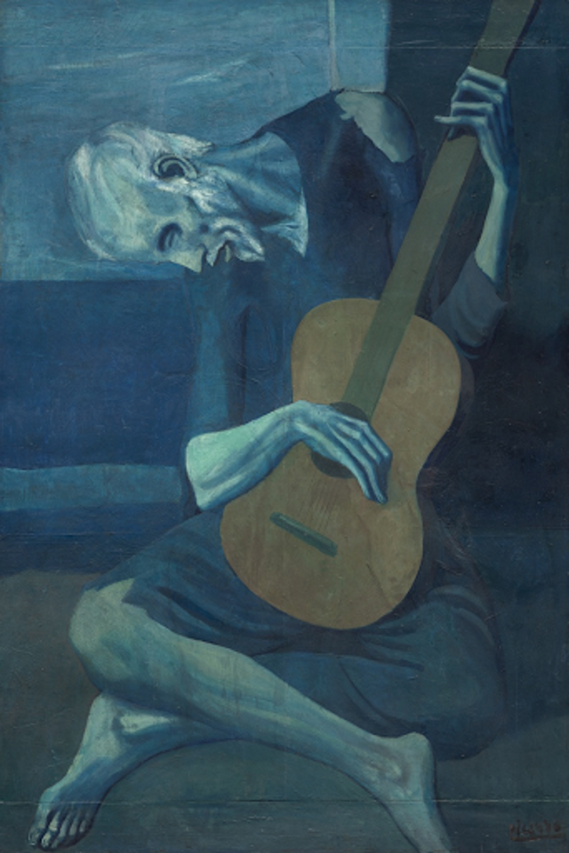Pablo Picasso's The Old Guitarist. A Blue Period painting of an unclothed couple on the left and a woman holding a baby on the right with two artworks in the background. 