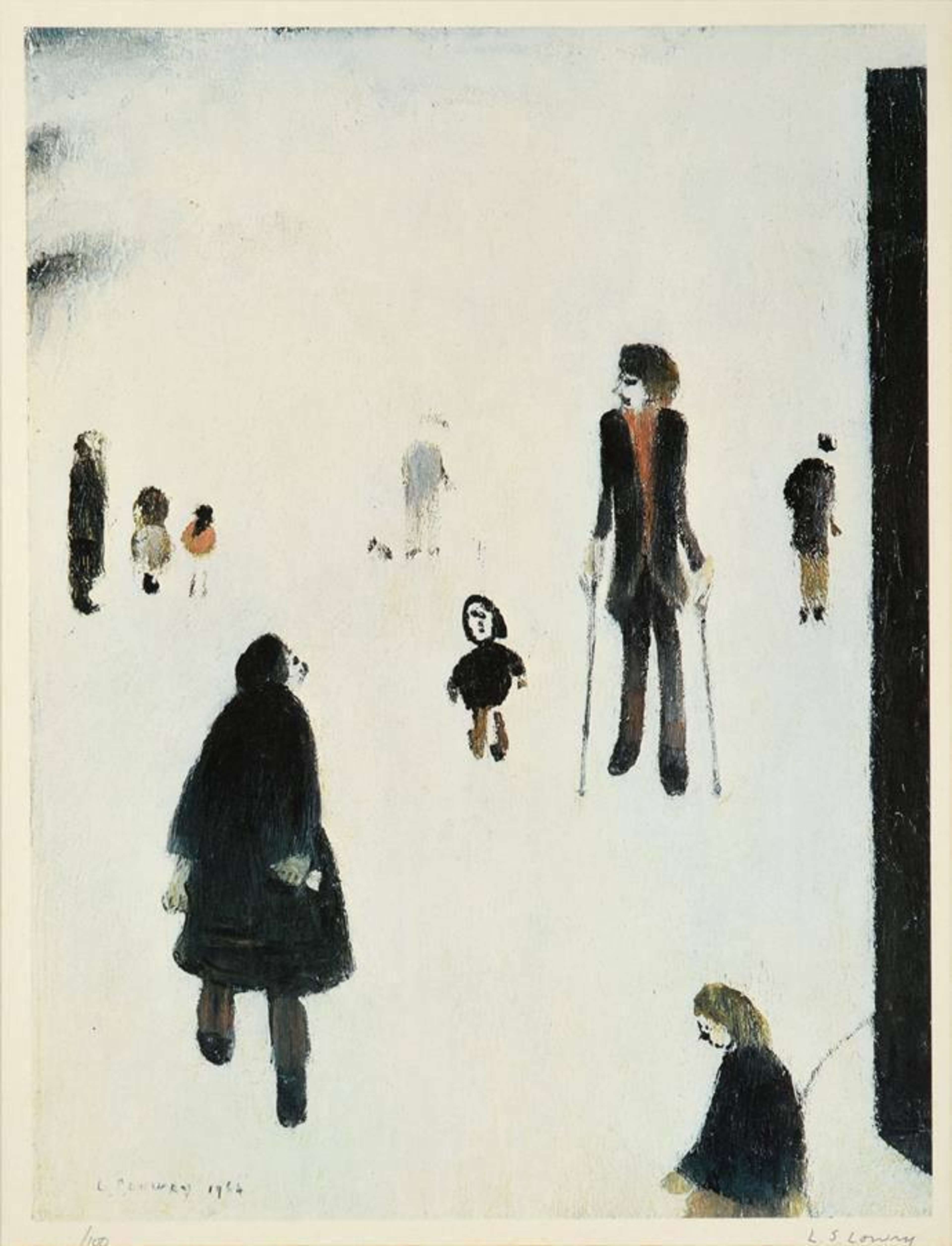 Figures In The Park is a lithograph by L. S. Lowry that shows a variety of figures against a white background that reveals no situational context. 