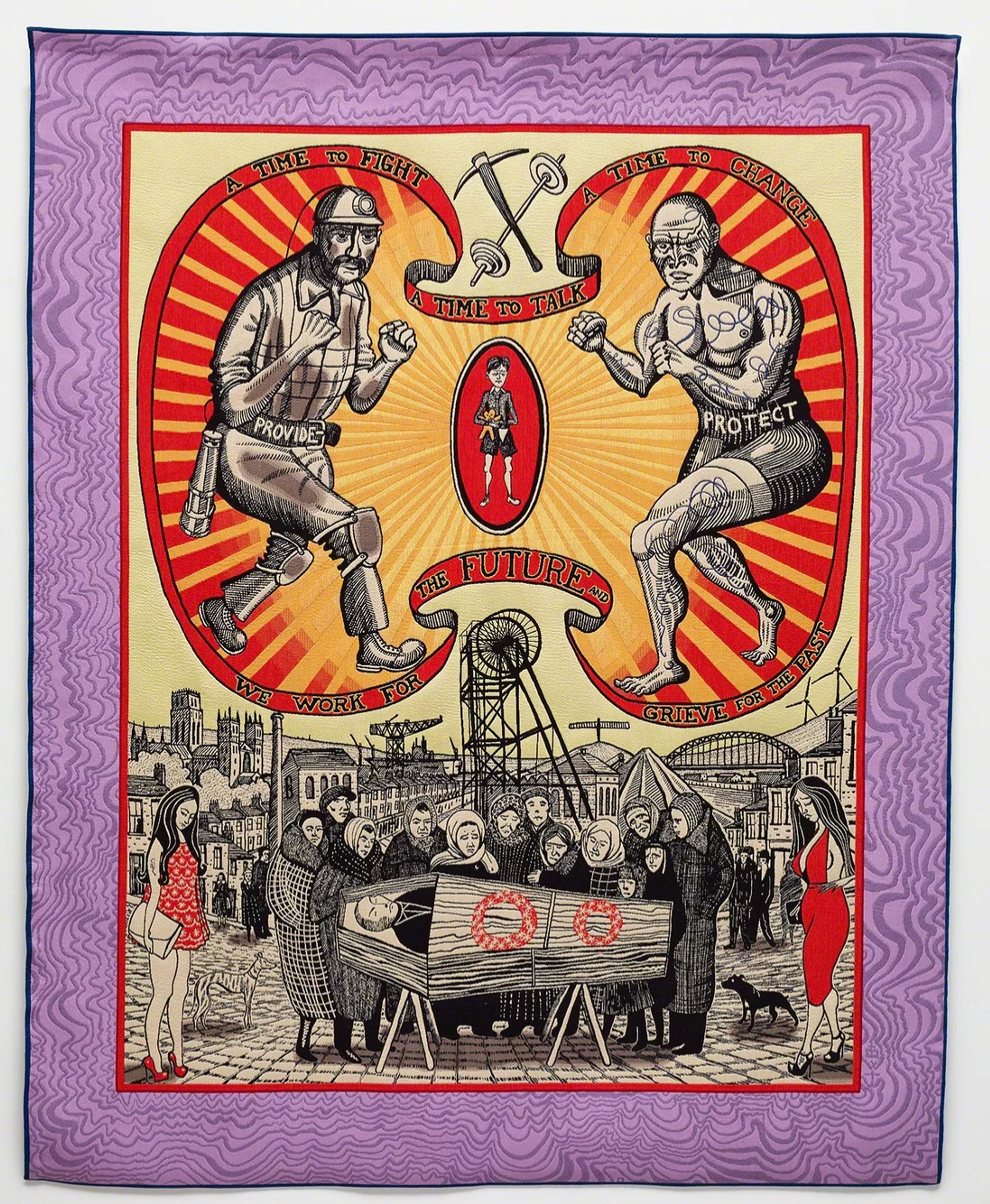 Tapestry by Grayson Perry depicting a scene of communal mourning, symbolising the passing of traditional male roles.