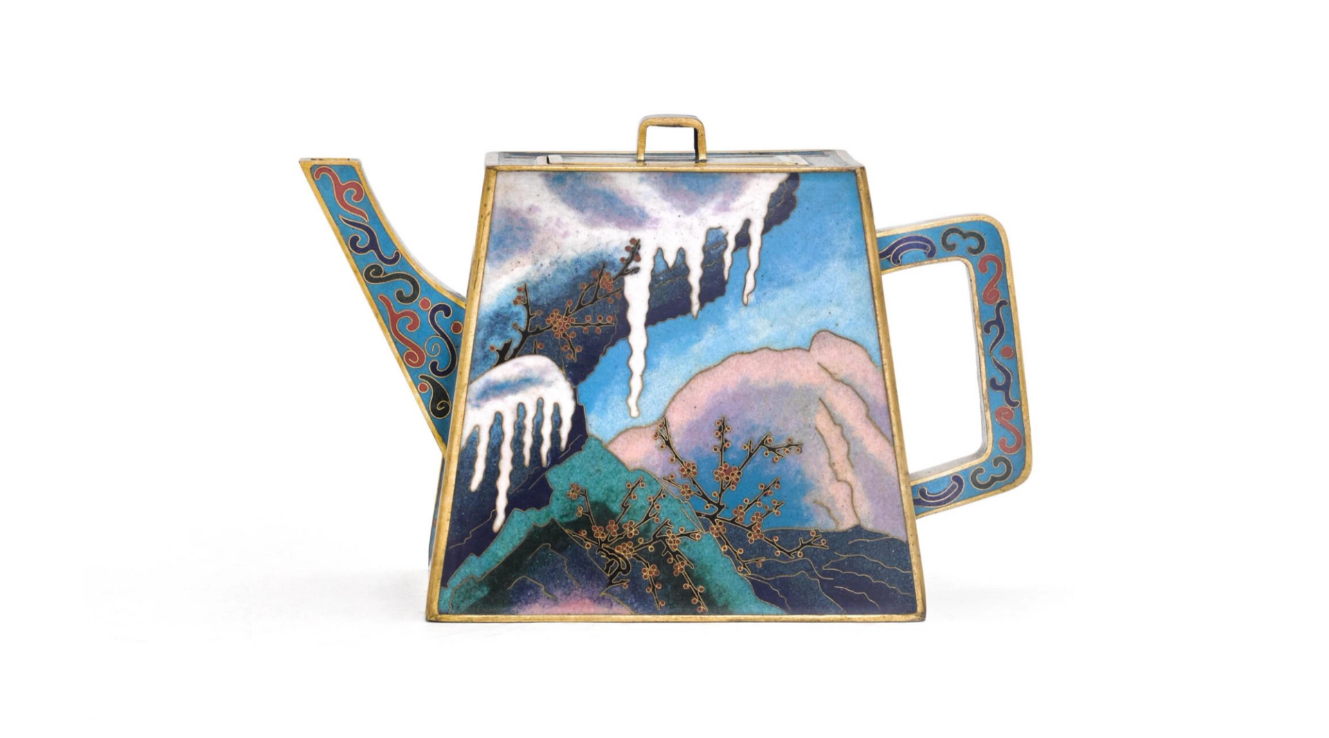 An ewer decorated in various coloured cloisonné enamels and various thicknesses of gold wire, with a snowy scene of stalactites and gnarled plum.
