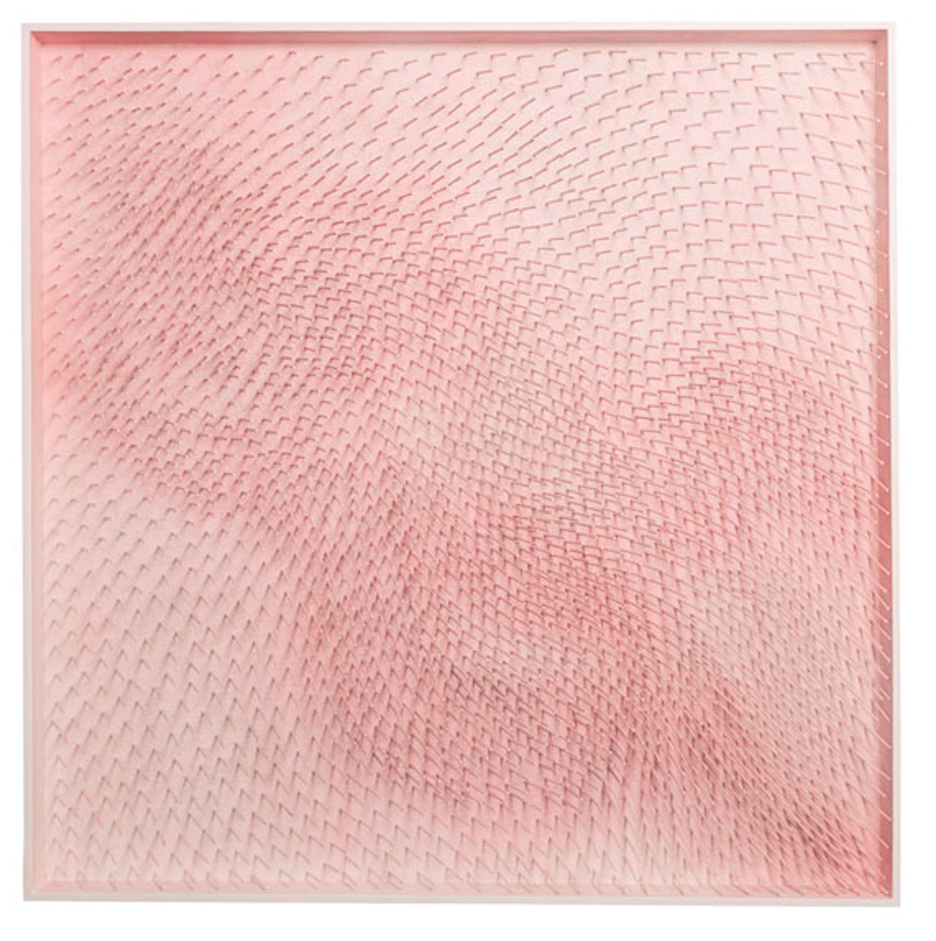 Densely packed pink-painted nails hammered into a light pink painted surface to create subtle undulations and waves, with a central current that runs from the top left to the lower right. The nails catch light at different angles. The arrangement suggests organic movement, like wind passing through grass or water rippling.