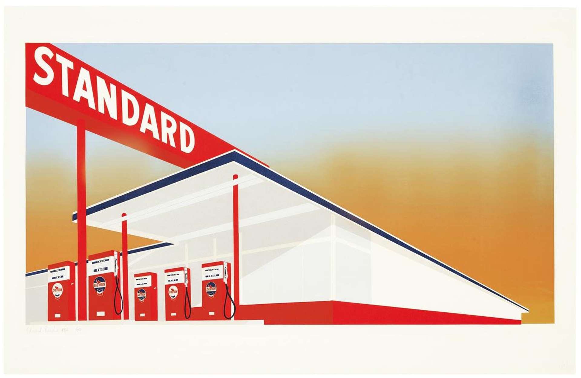 Screenprint by Ed Ruscha depicting a gas station in white, red and blue, set against a pale blue and mustard yellow sky.