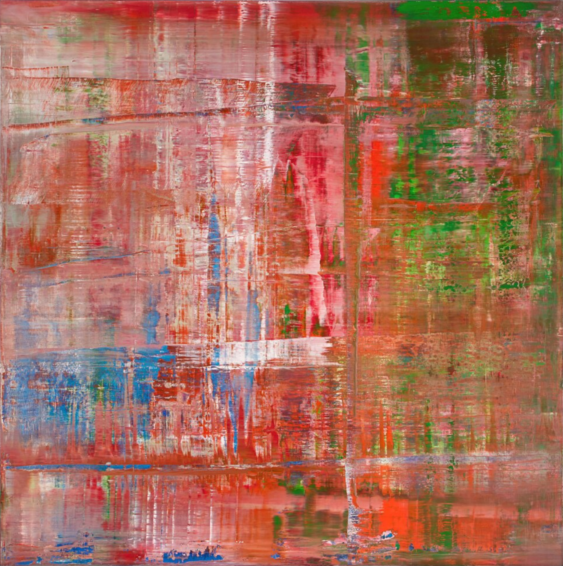 Abstract painting by Gerhard Richter, featuring dragged smears of red, orange, blue and green.