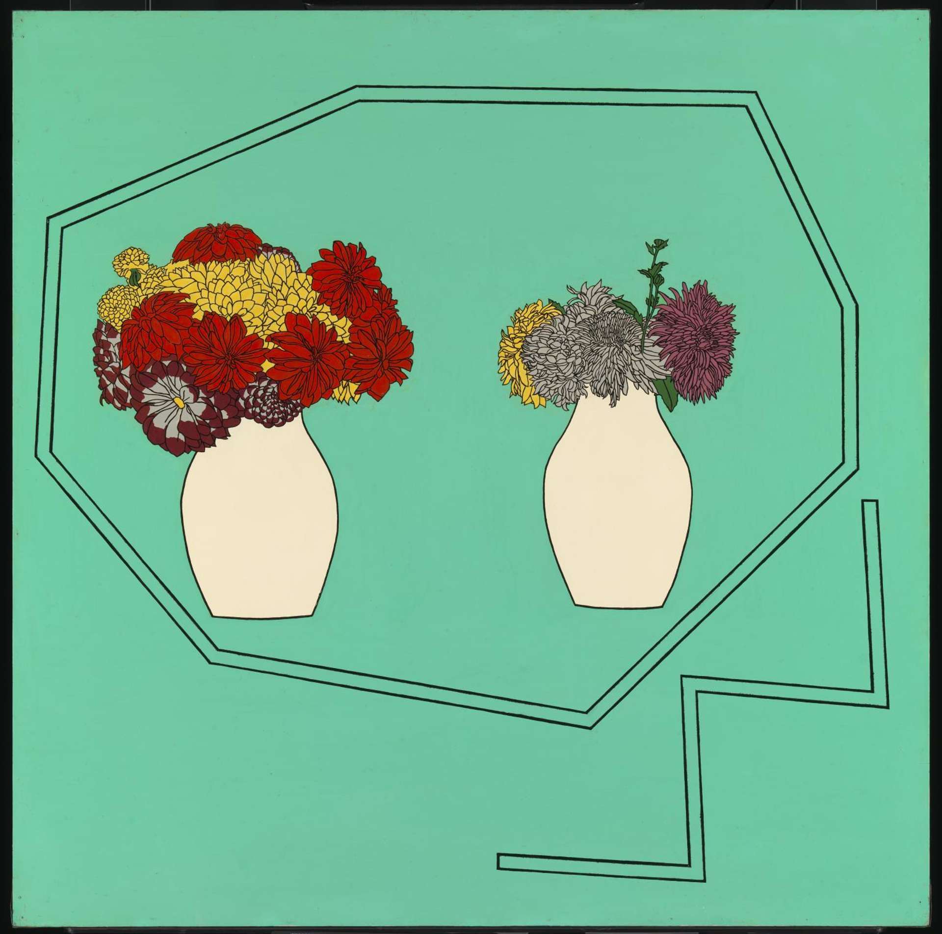 A printed image by the artist Patrick Caulfield, which depicts two white vases with colourful flowers against a teal background. Flat geometric shapes suggest a table for thebases and a chair on the side. 