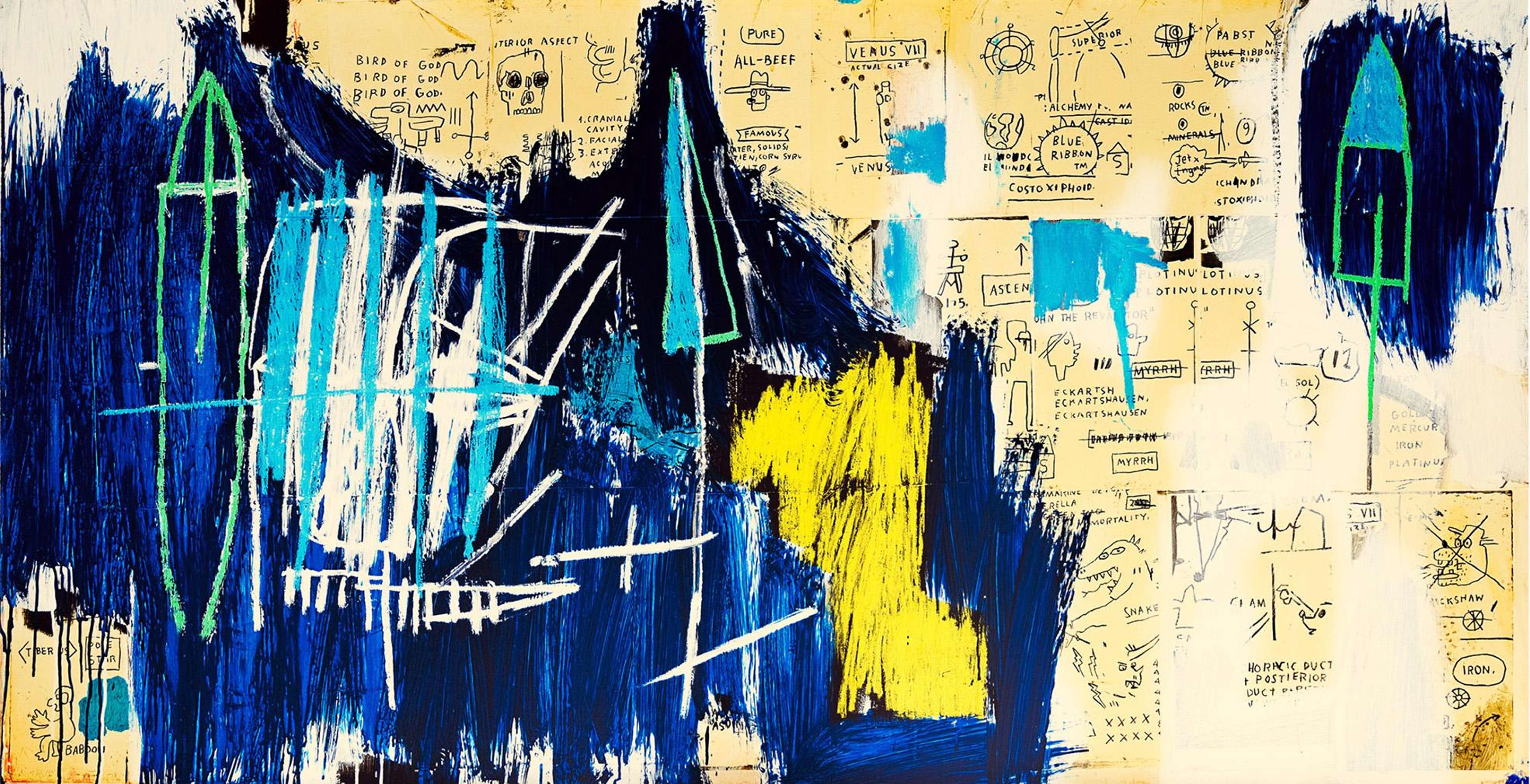 Image depicting a background of abstract symbols and sketches against a foreground of blue and yellow paint