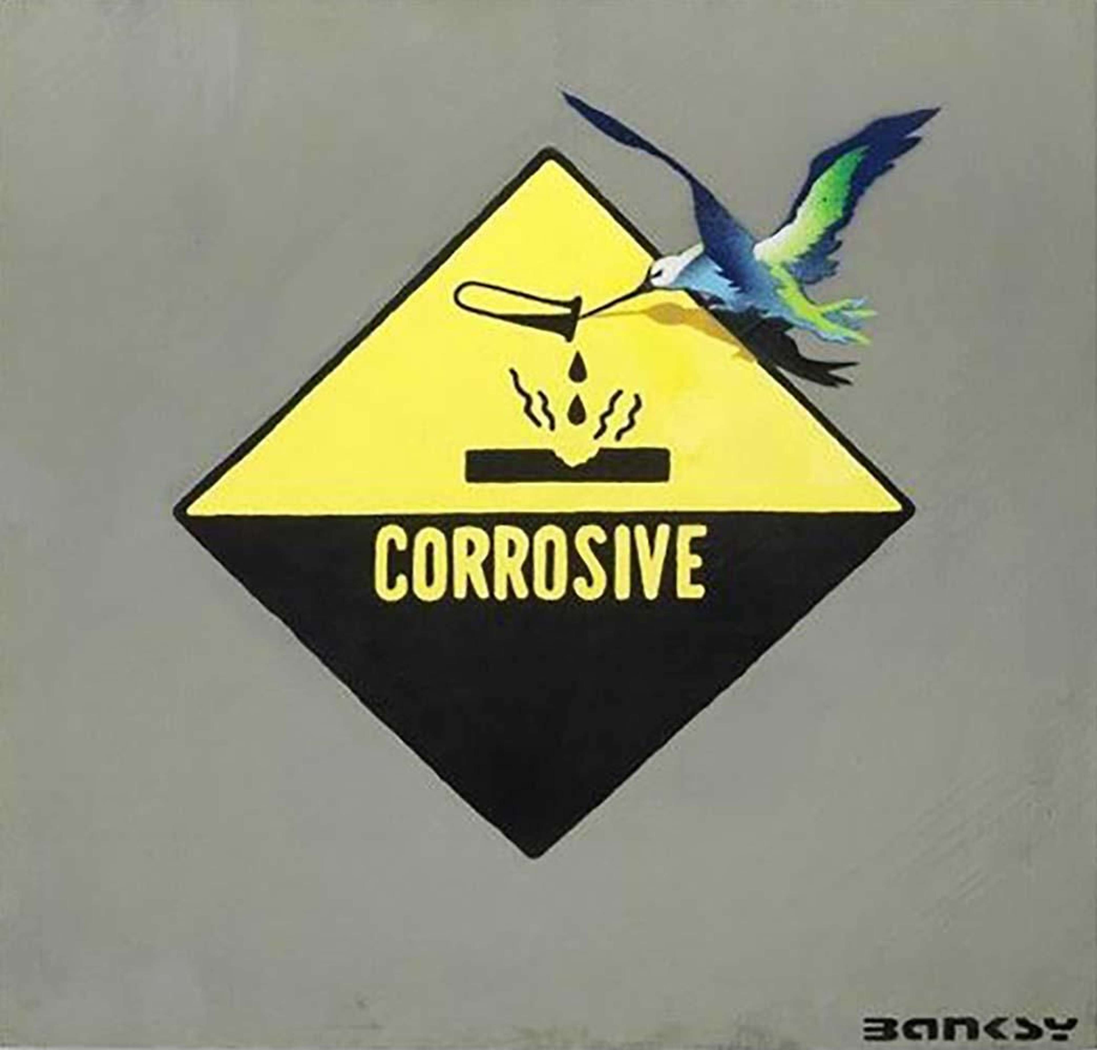 Banksy's Corrosive Bird. A stenciled work of a humming bird in front of a yellow and black sign that reads "CORROSIVE."