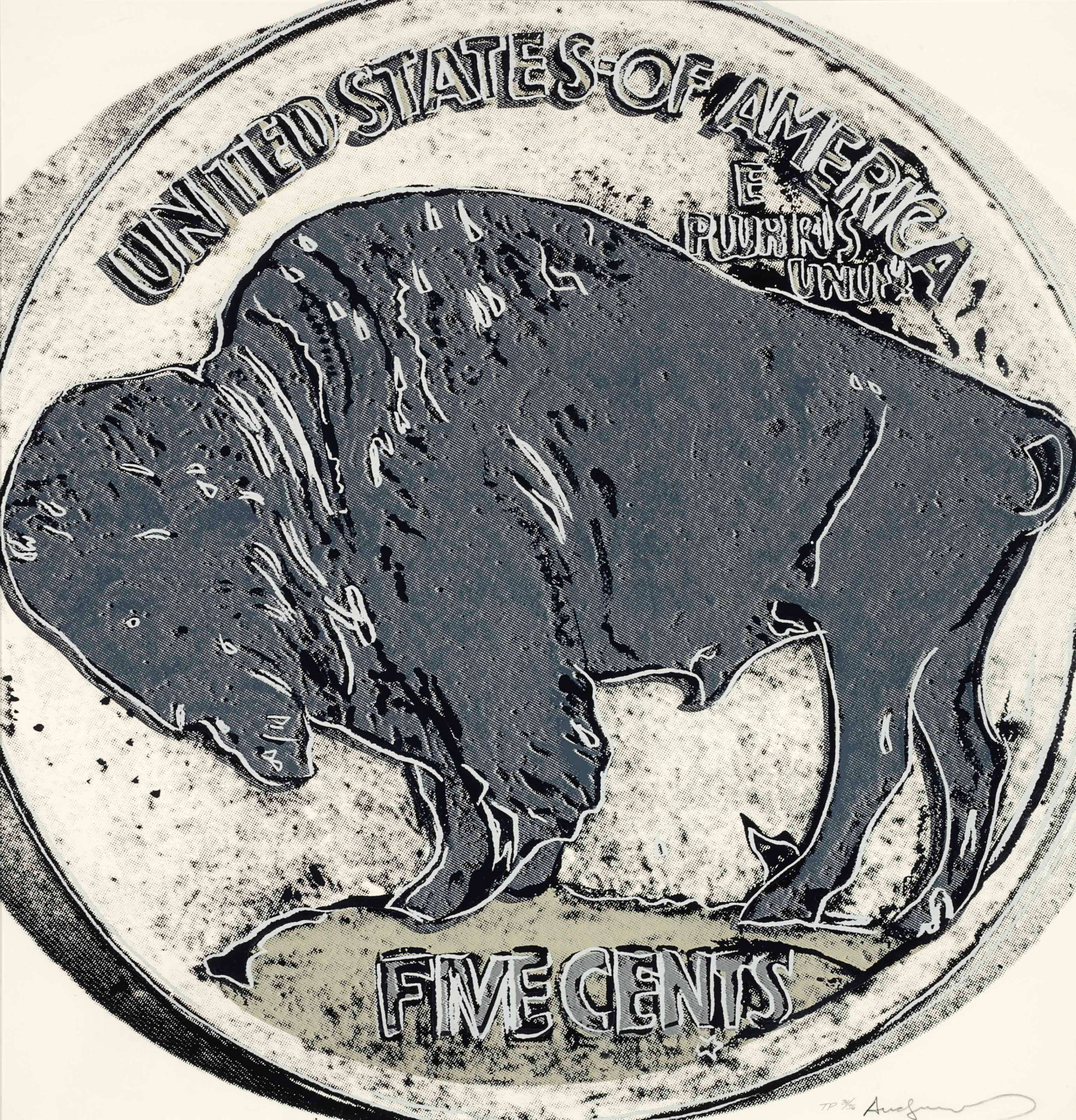 A Pop reinterpretation of the classic Buffalo nickel, enlarging its bison motif.
