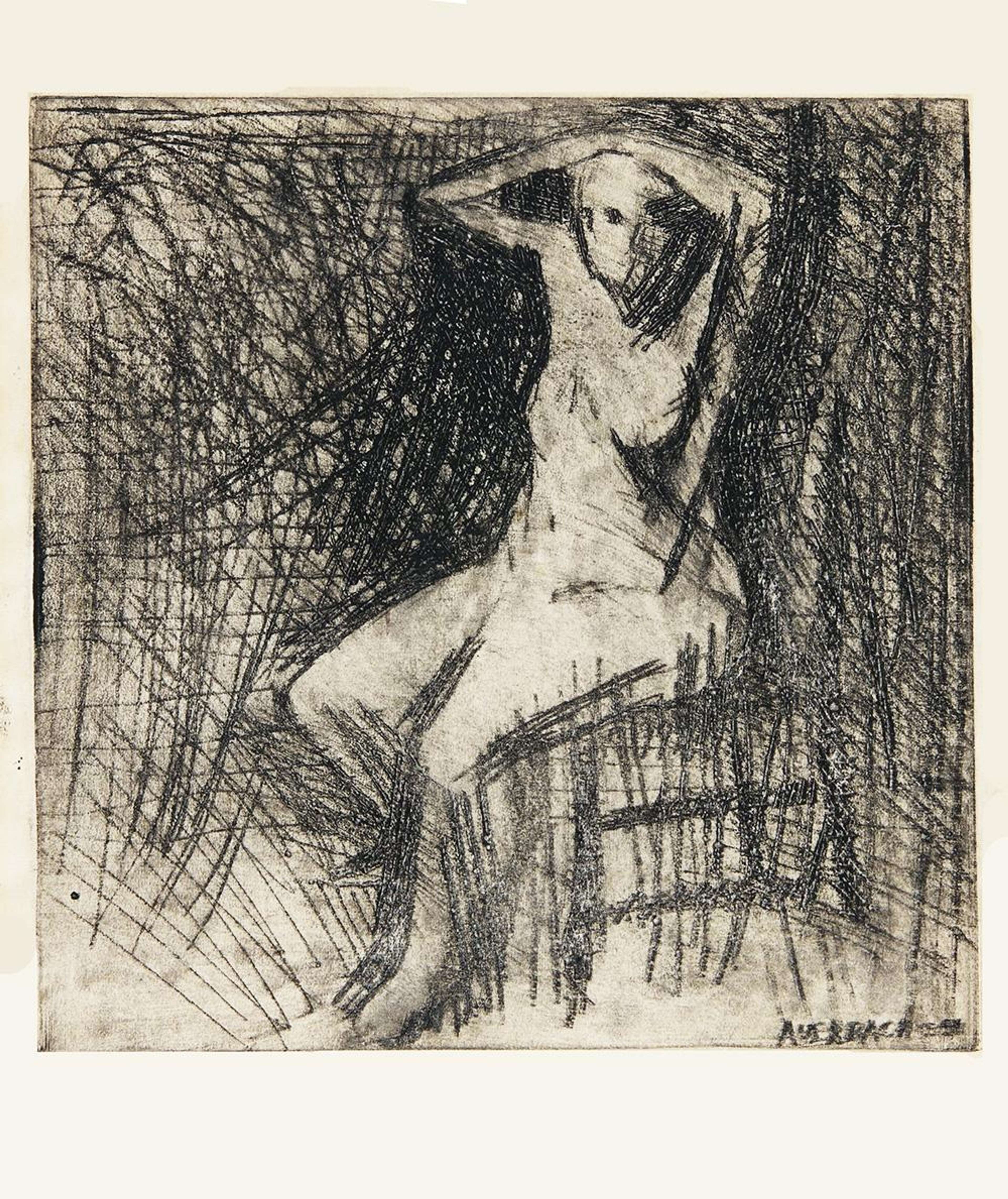 Nude Seated With Arms Above Her Head - Signed Print by Frank Auerbach 1954 - MyArtBroker