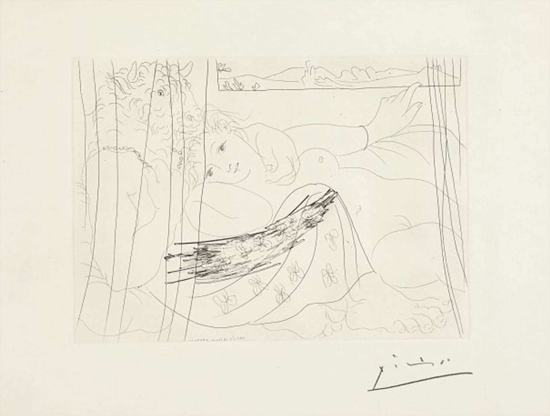Minotaure Et Jeune Femme Enlacés Rêvant Sous Une Fenêtre (La Suite Vollard) - Signed Print by Pablo Picasso 1933 - MyArtBroker