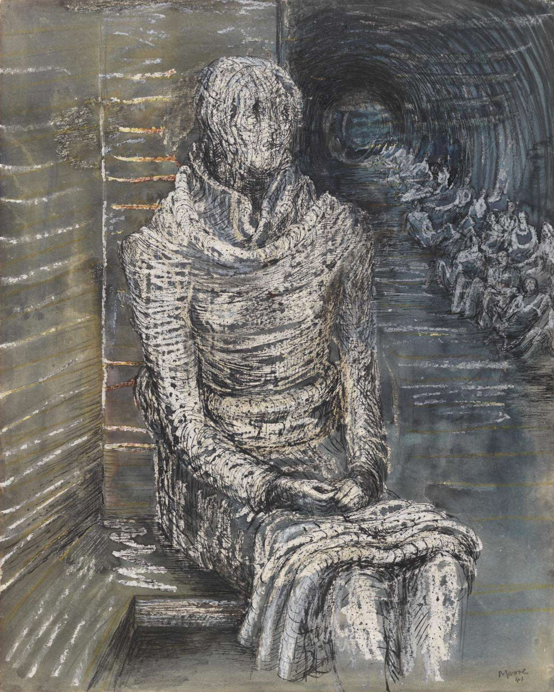 A drawing of a genderless figure, referred to as a woman based on the artwork's title, seated in a dark interior with clasped hands in the lap. A dark tunnel extends into the background on the right side, while the figure makes eye contact with the viewer.