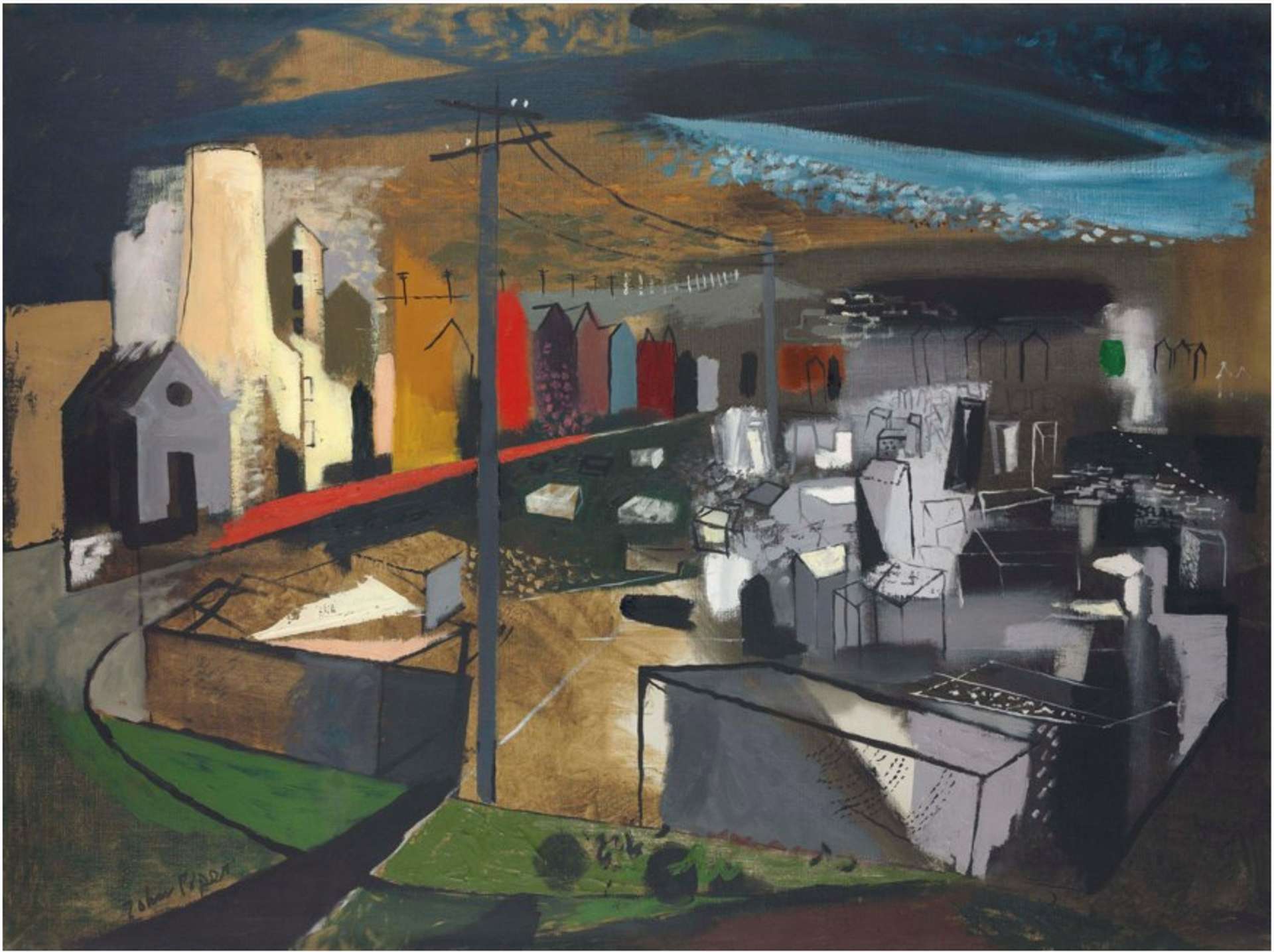 A semi-abstract, semi-figurative artwork in various hues depicting architectural buildings in varying shades, delineated by thin black lines. The scene portrays a seaside town with a curving road in the centre leading to the sea in the distance.