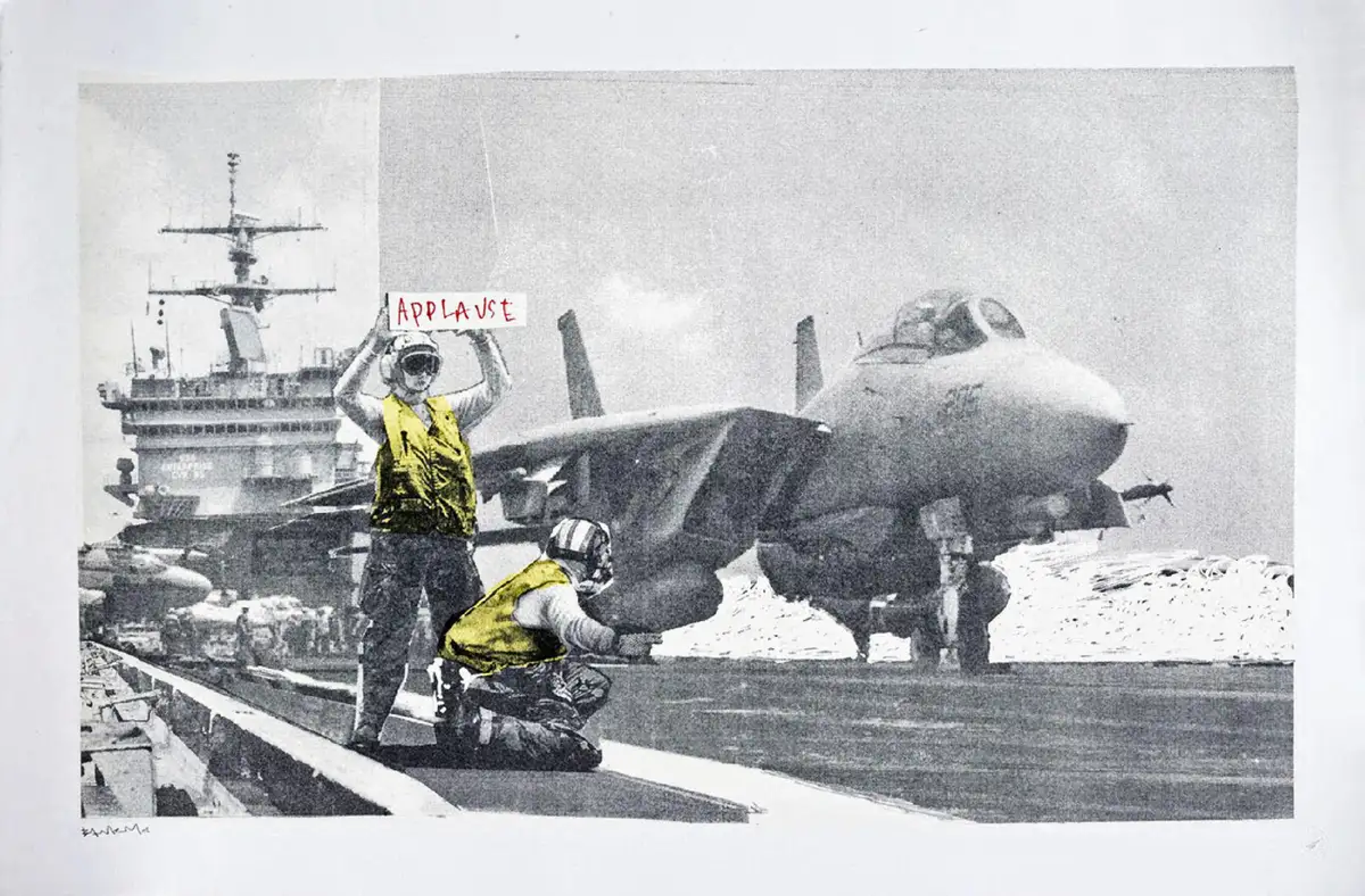 An image of a print by Banksy, depicting air traffic controllers directing a fighter jet, with an "Applause" sign held by one controller.